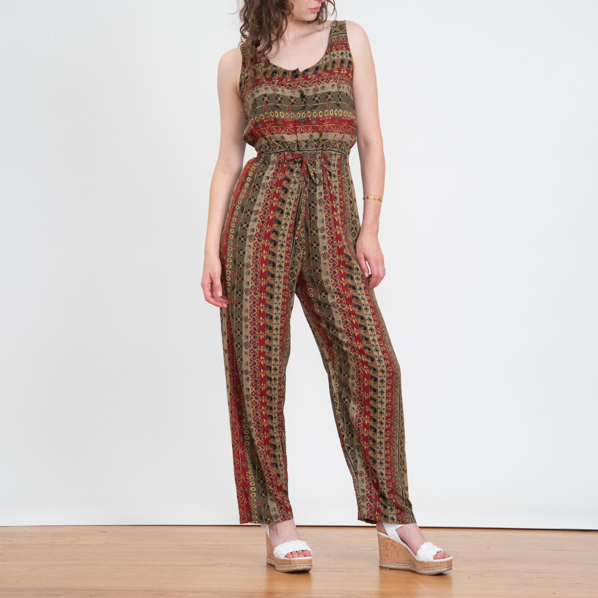 Vintage 90s Earth Tone Floral Striped Jumpsuit - Medium | Boho Sleeveless Rayon Loungewear Pantsuit