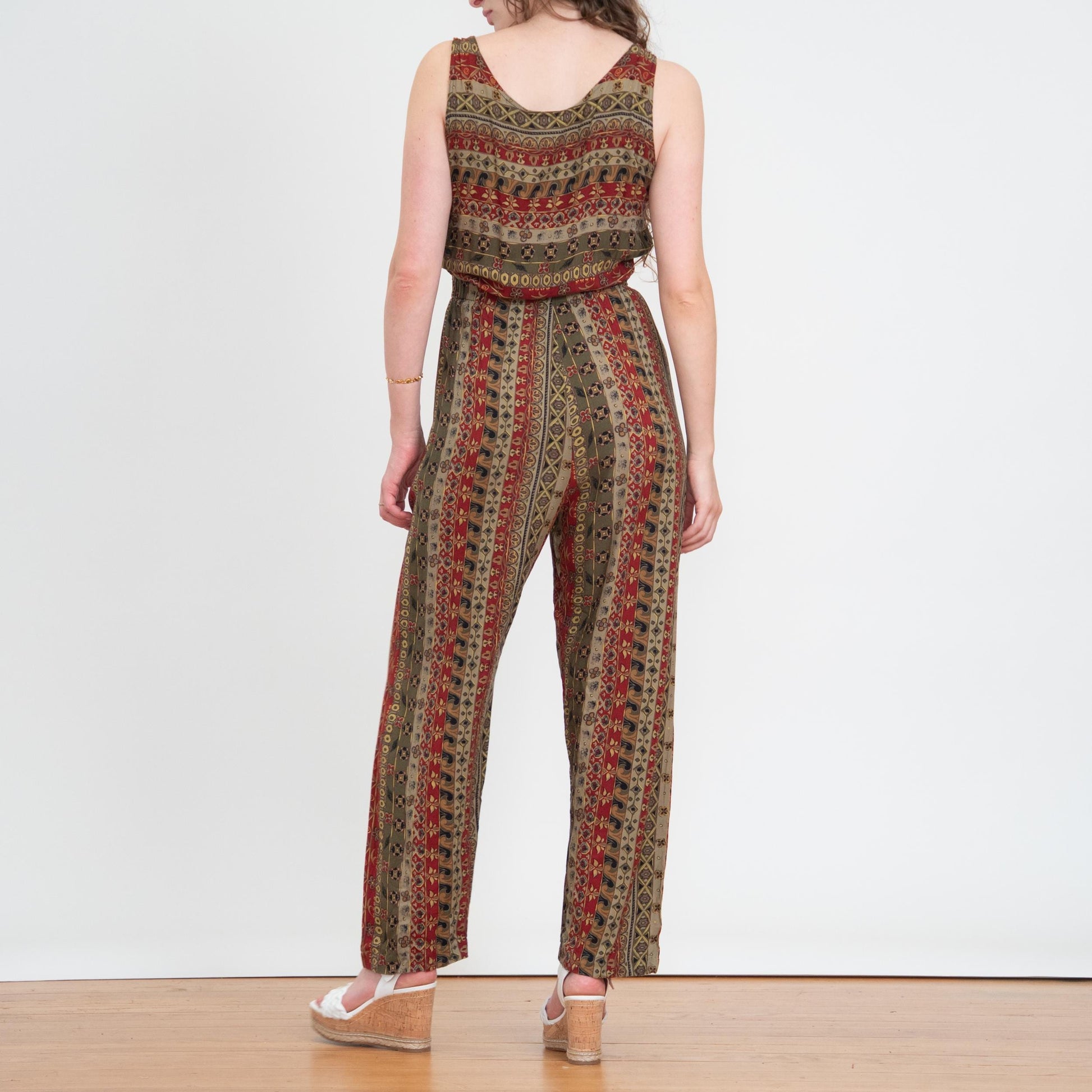 Vintage 90s Earth Tone Floral Striped Jumpsuit - Medium | Boho Sleeveless Rayon Loungewear Pantsuit