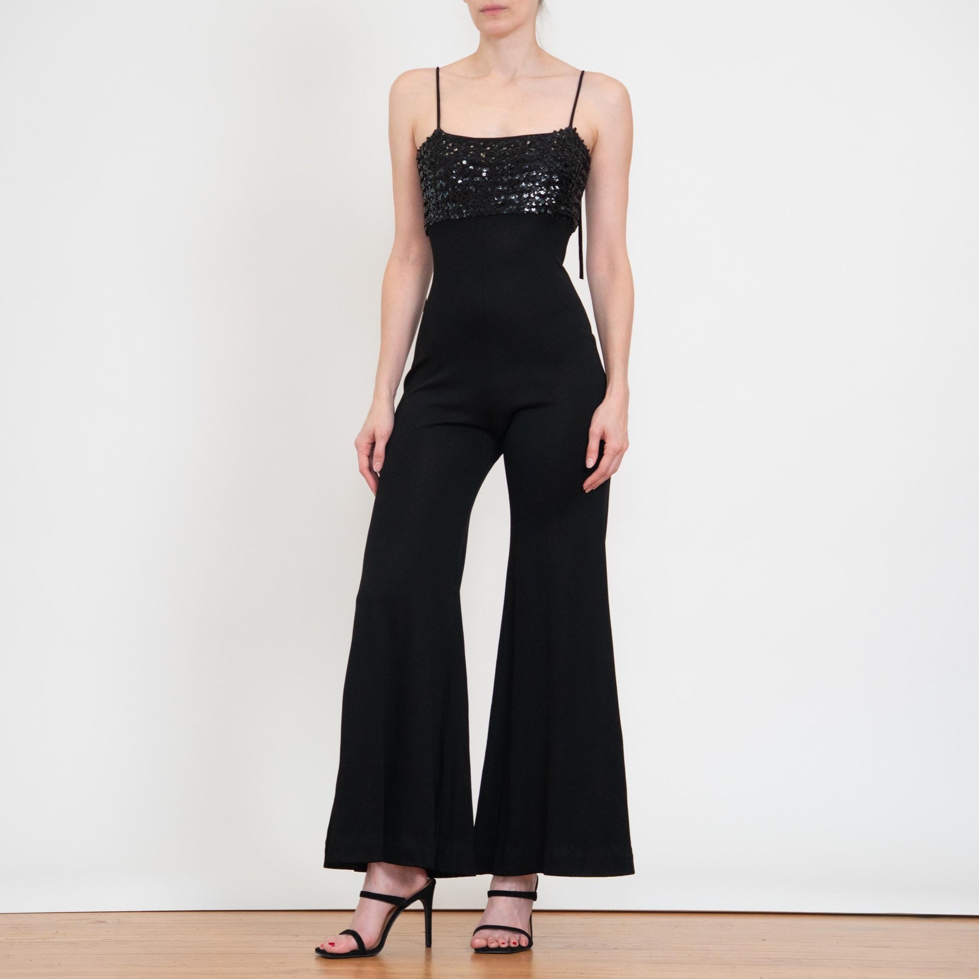 Vintage 70s Black Sequin Bell Bottom Jumpsuit - Extra Small | Palazzo Flared Leg Disco Pantsuit