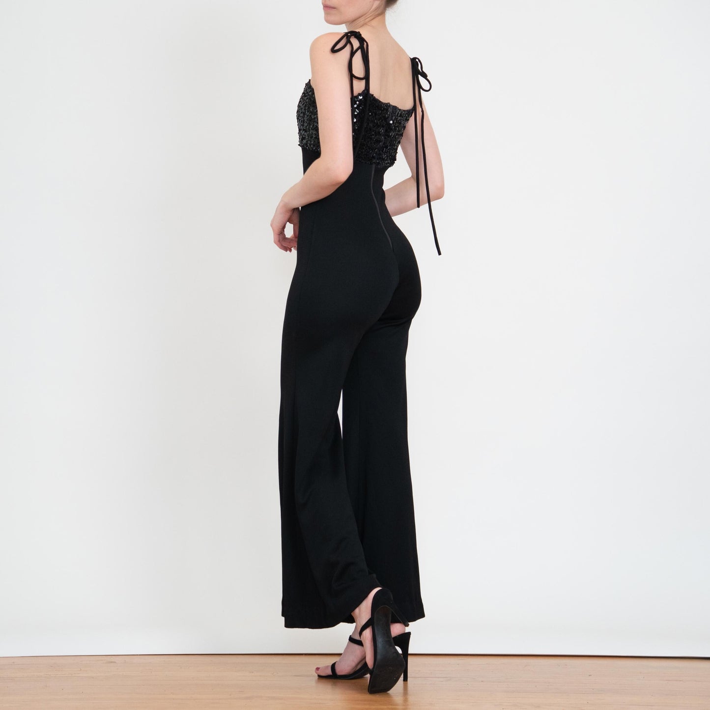 Vintage 70s Black Sequin Bell Bottom Jumpsuit - Extra Small | Palazzo Flared Leg Disco Pantsuit