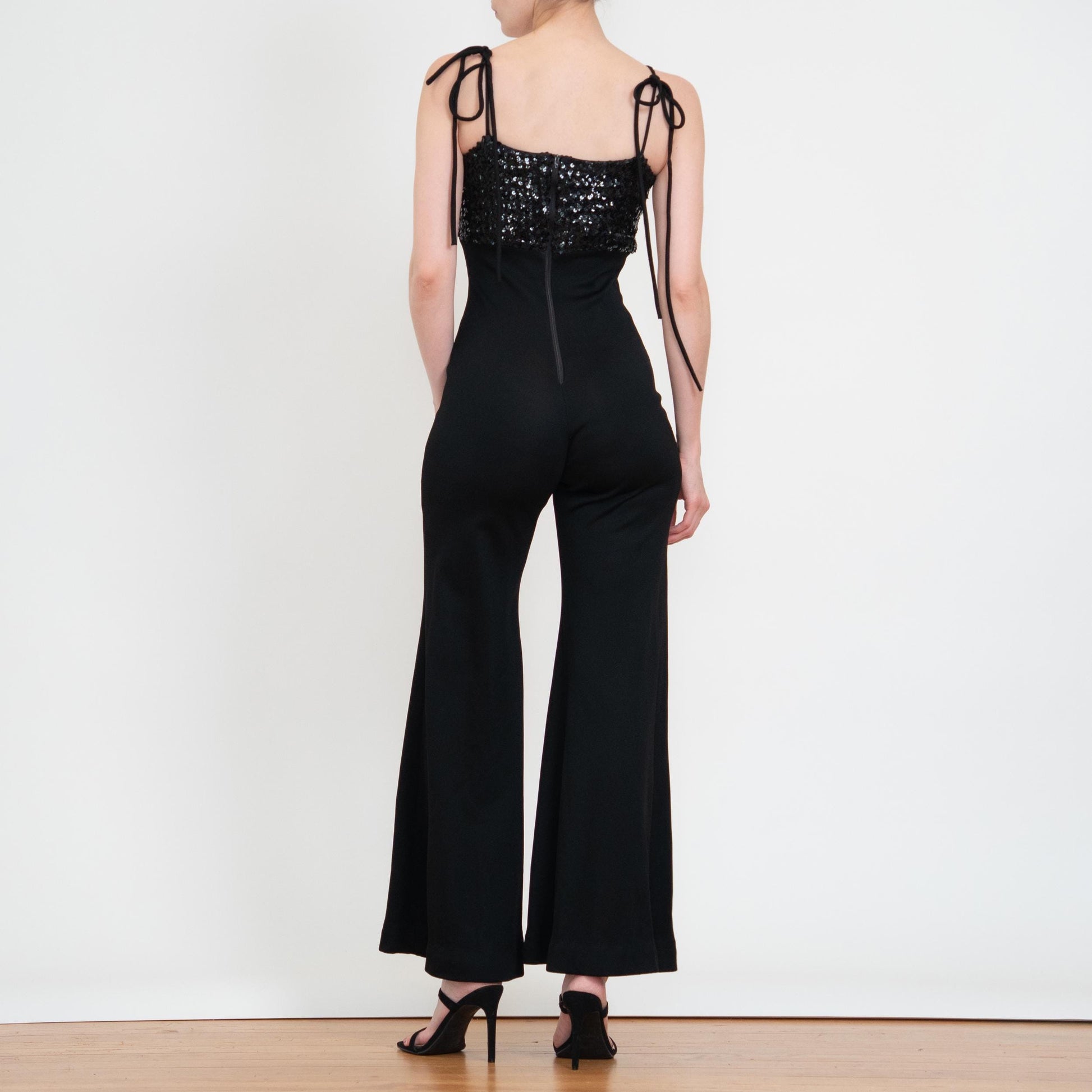 Vintage 70s Black Sequin Bell Bottom Jumpsuit - Extra Small | Palazzo Flared Leg Disco Pantsuit