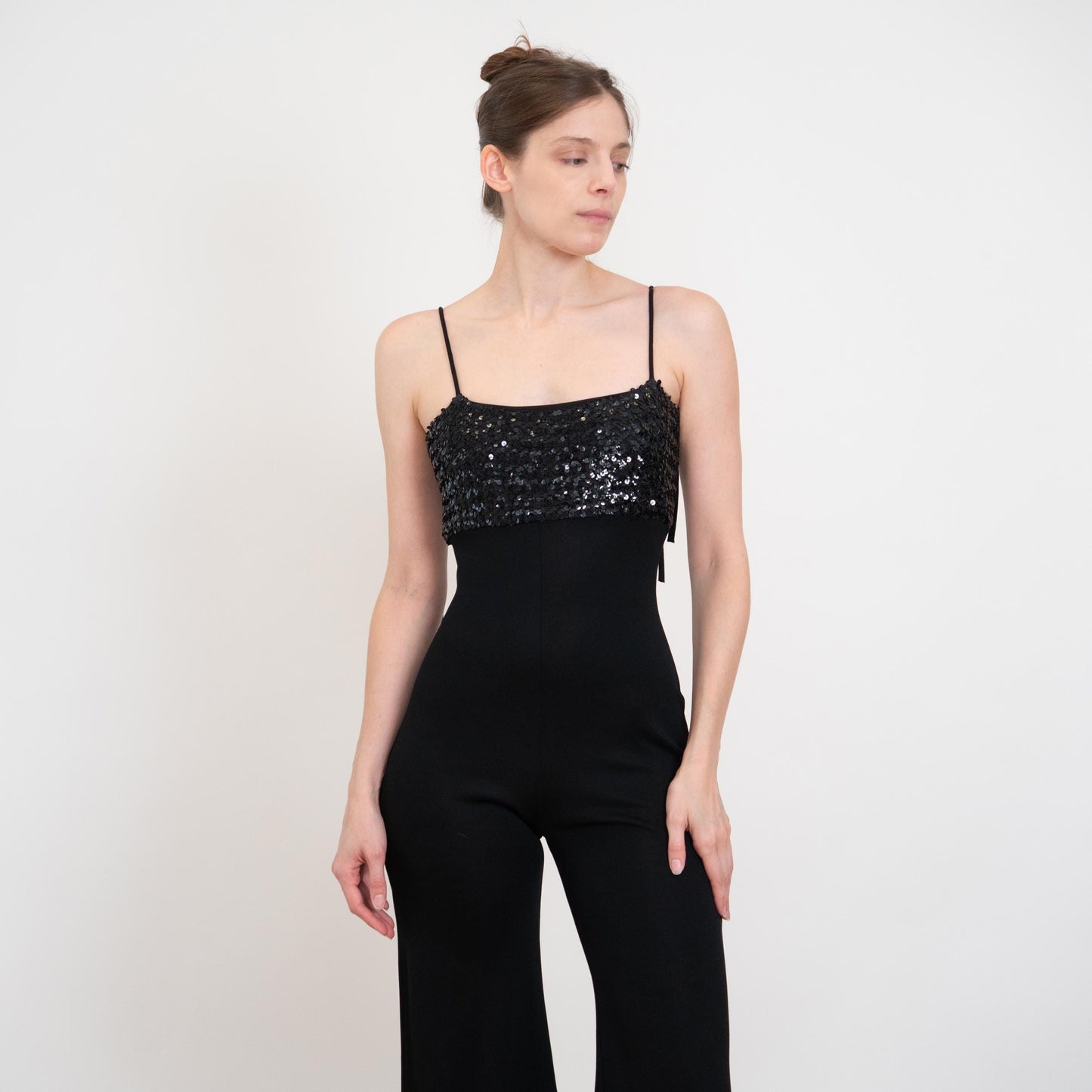 Vintage 70s Black Sequin Bell Bottom Jumpsuit - Extra Small | Palazzo Flared Leg Disco Pantsuit