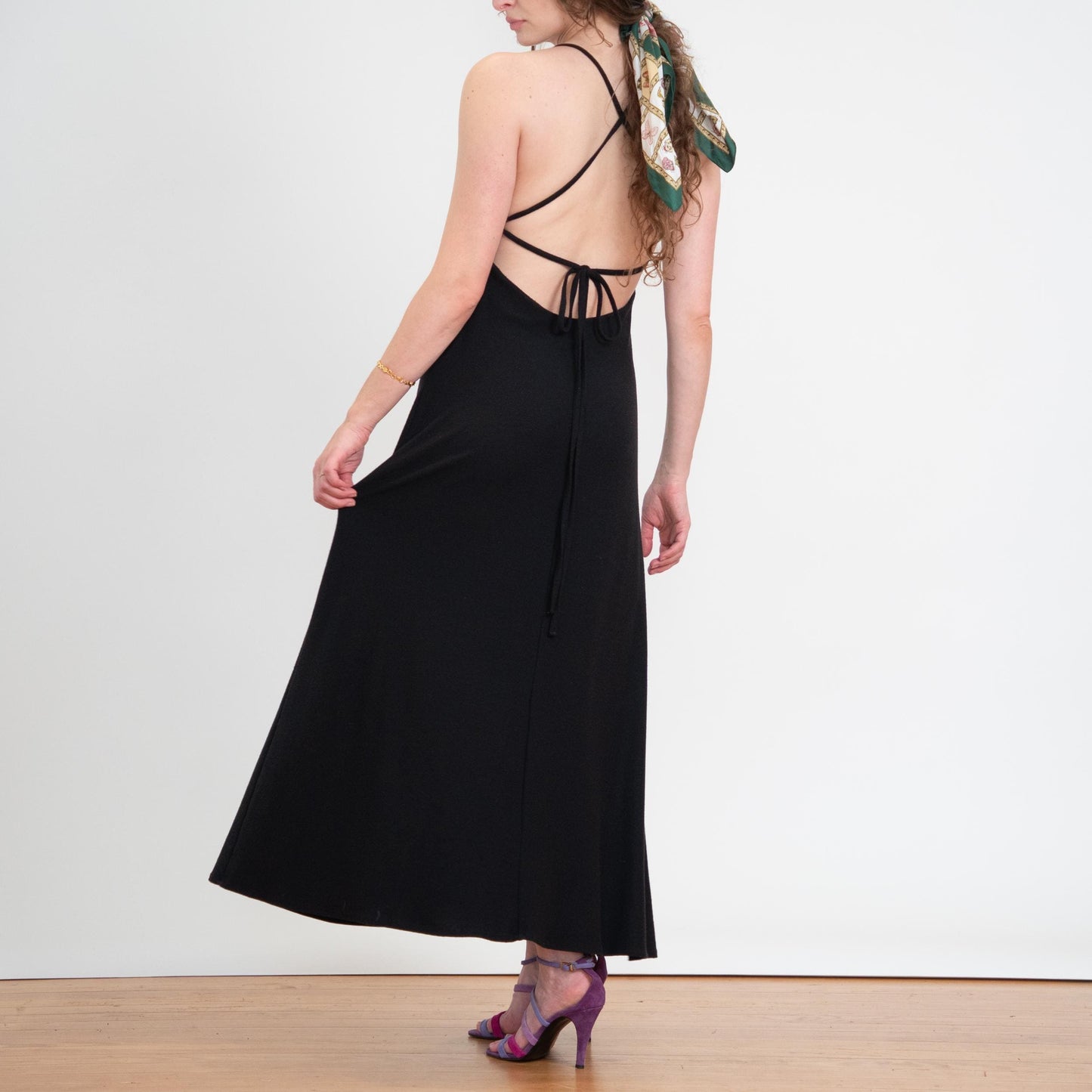 Vintage 90s Black Strappy Open Back Lounge Dress - Medium | Slinky Backless Casual Maxi Dress