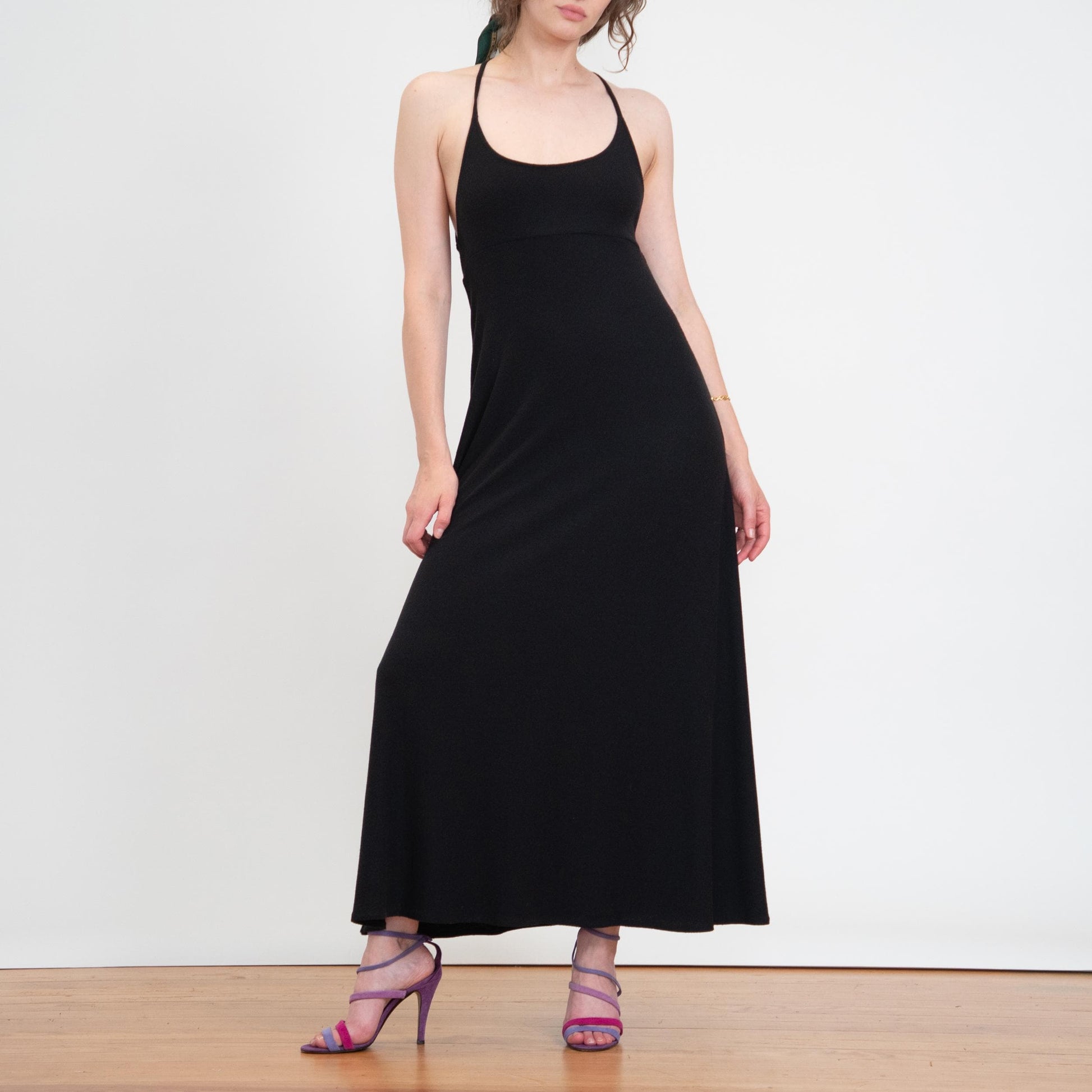 Vintage 90s Black Strappy Open Back Lounge Dress - Medium | Slinky Backless Casual Maxi Dress