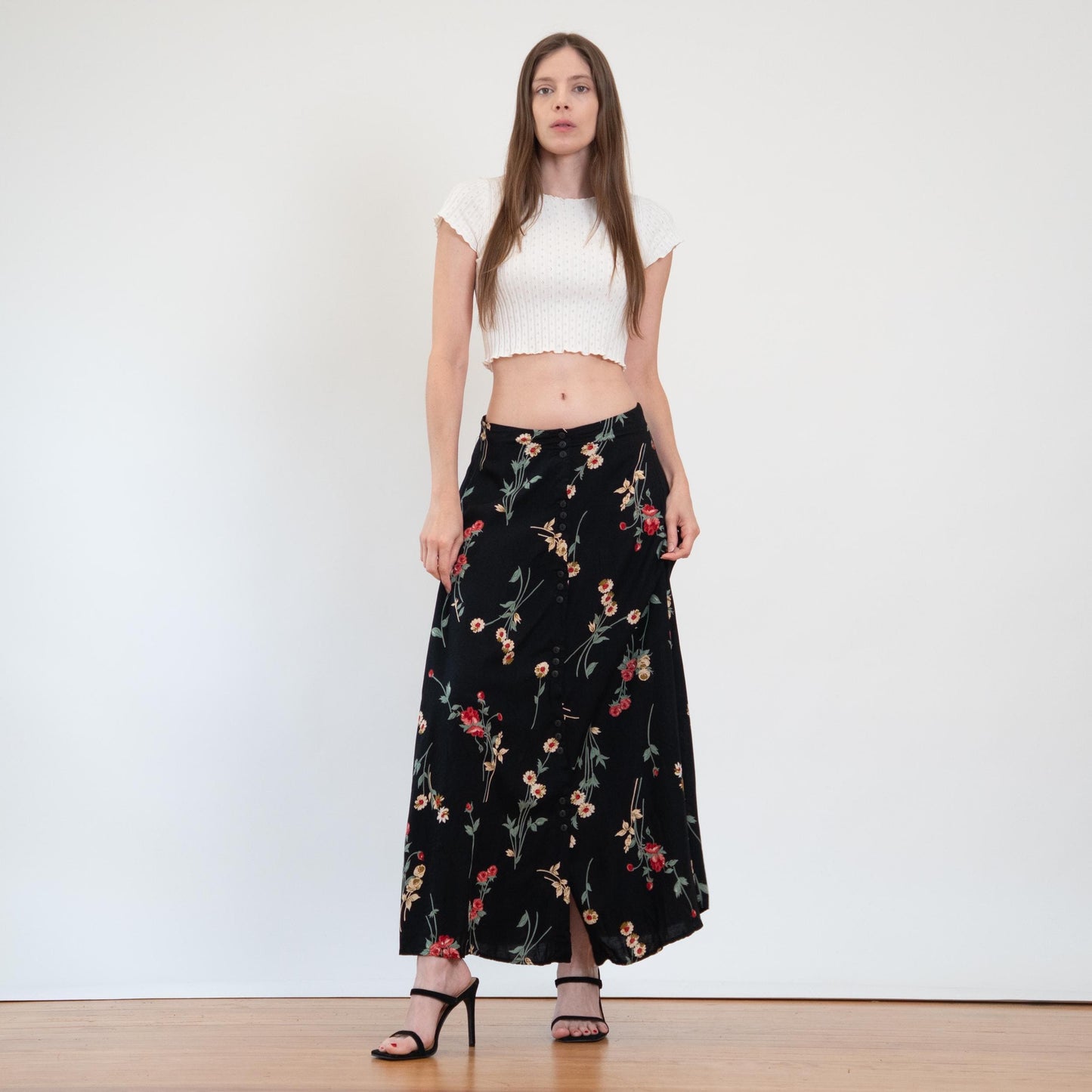 Vintage 90s Black Wildflower Maxi Skirt - Large | Boho Long Floral Skirt, High Waisted Summer Skirt