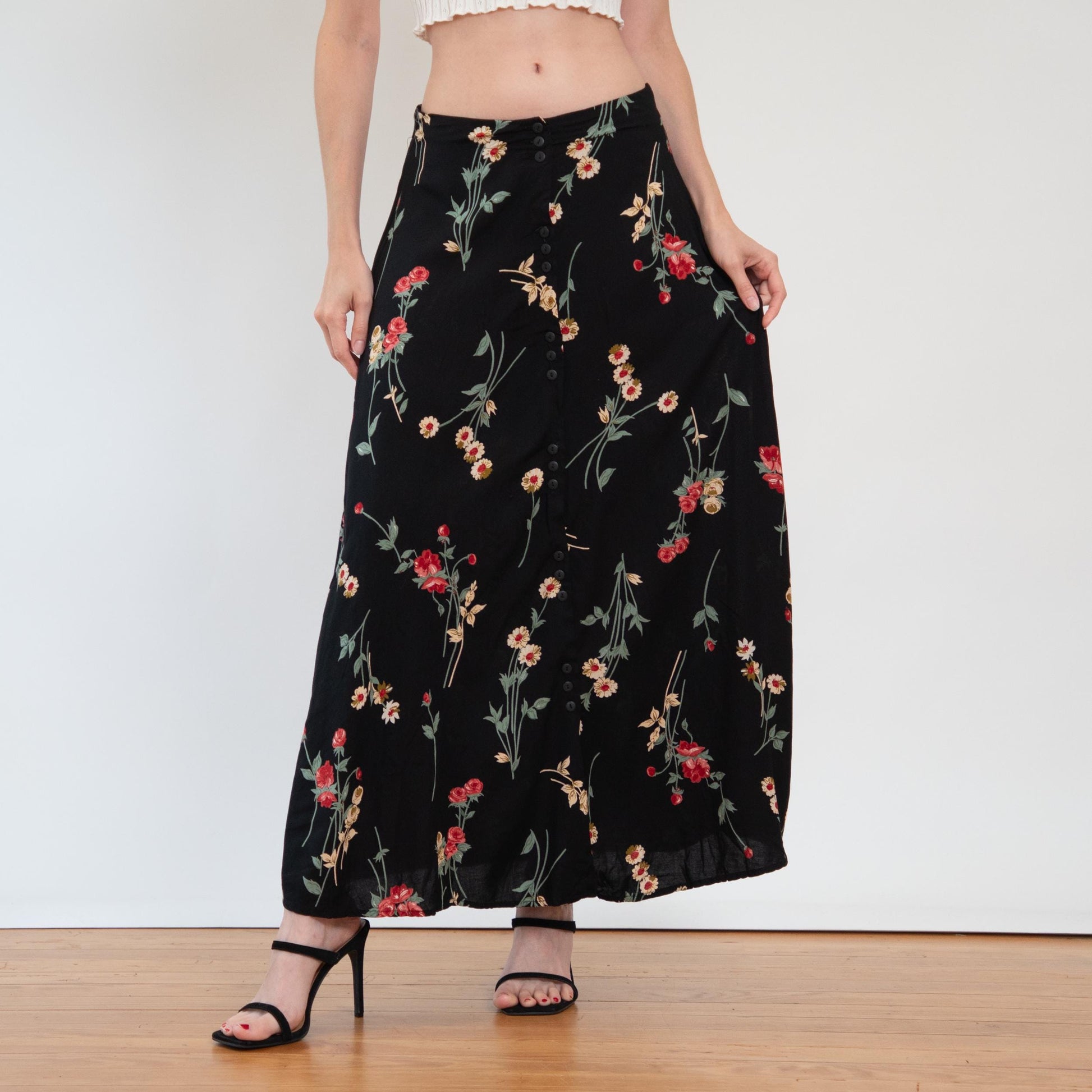 Vintage 90s Black Wildflower Maxi Skirt - Large | Boho Long Floral Skirt, High Waisted Summer Skirt