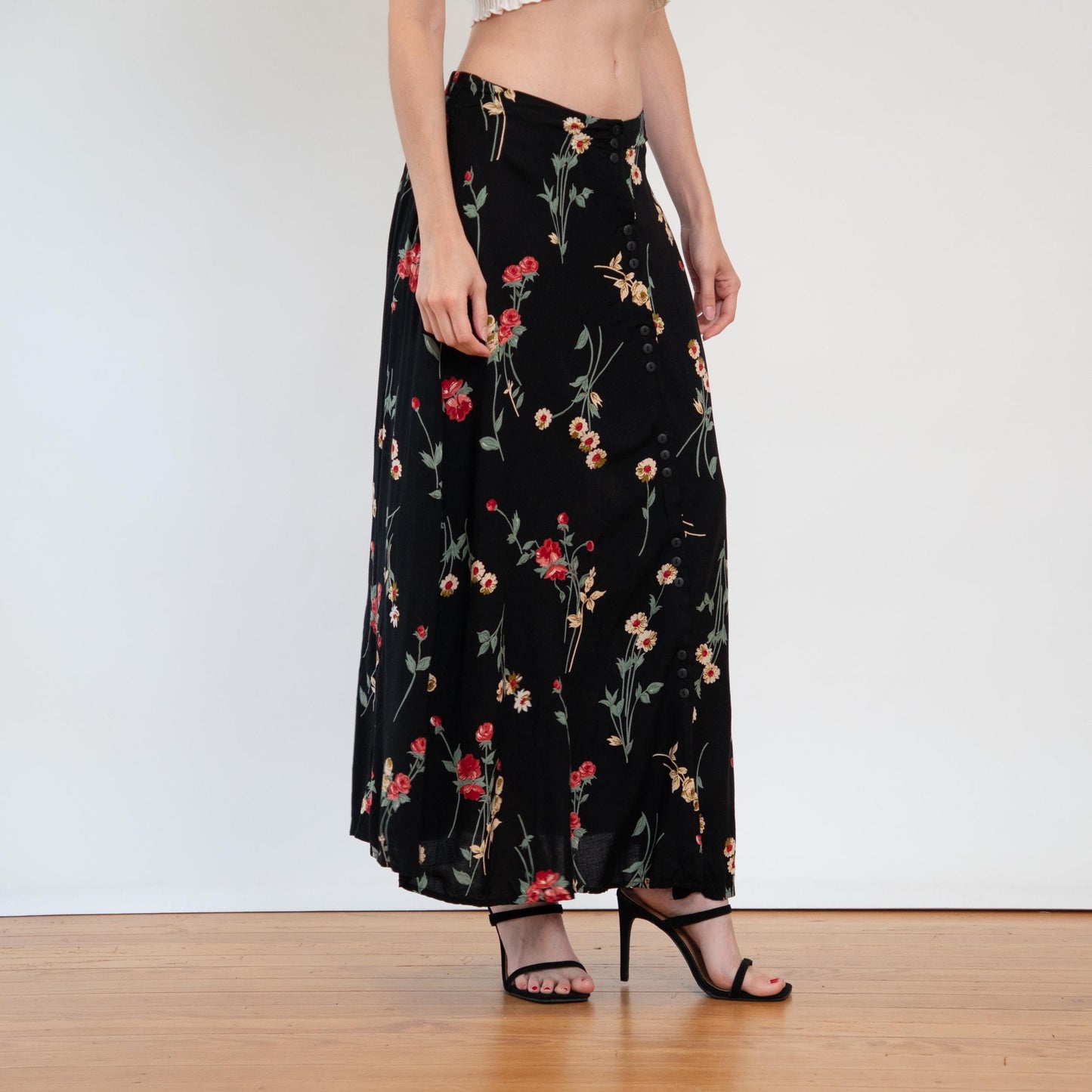 Vintage 90s Black Wildflower Maxi Skirt - Large | Boho Long Floral Skirt, High Waisted Summer Skirt