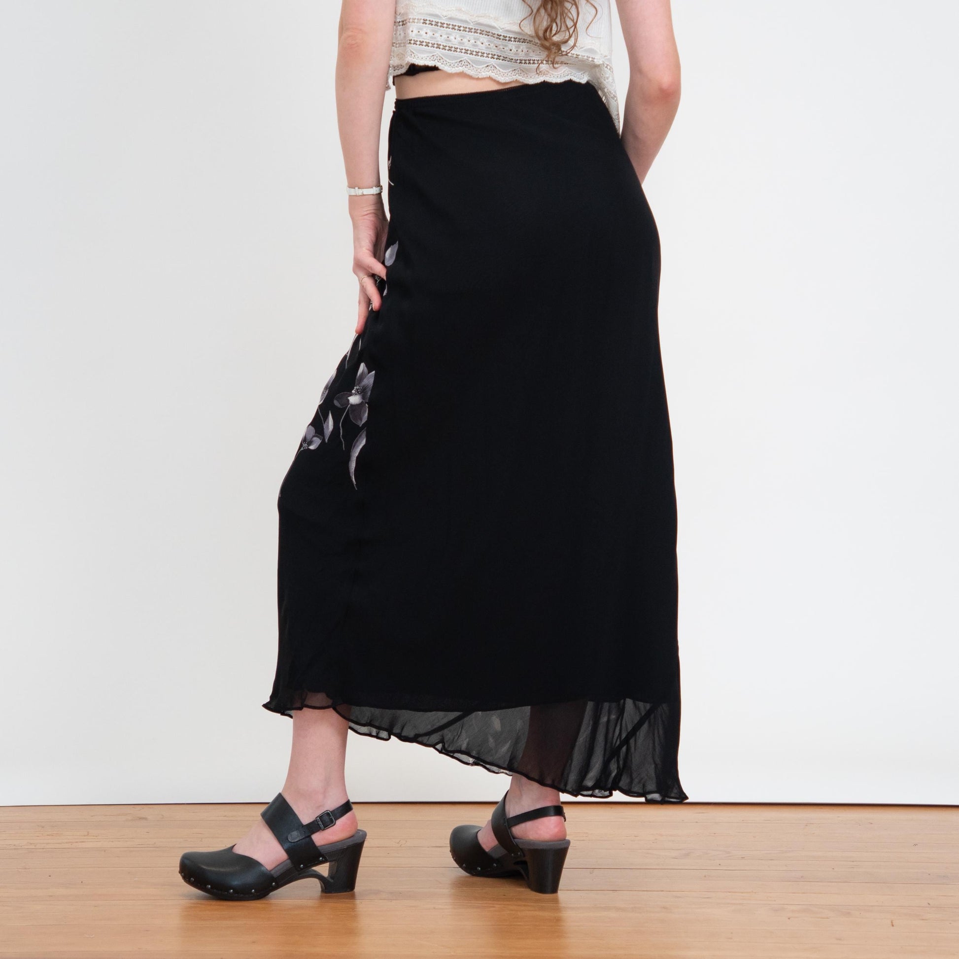 Vintage 90s Black Floral Chiffon Bias Cut Maxi Skirt - Small | Boho High Waisted Lettuce Hem Skirt