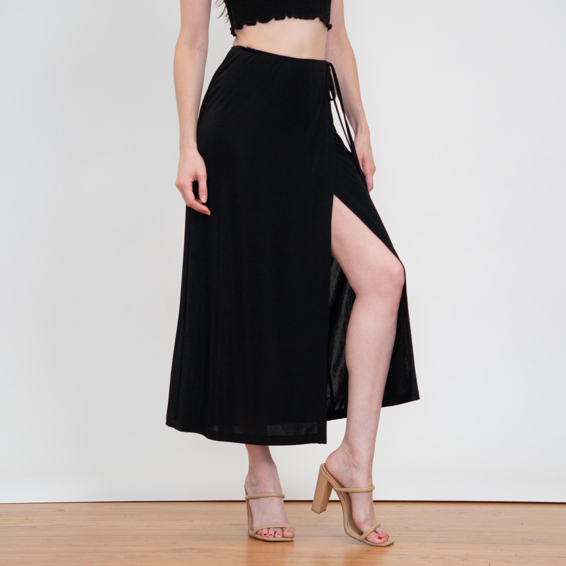 Vintage 90s Minimalist Black Maxi Wrap Skirt - Small to Medium | High Waisted A Line Boho Flowy Skirt