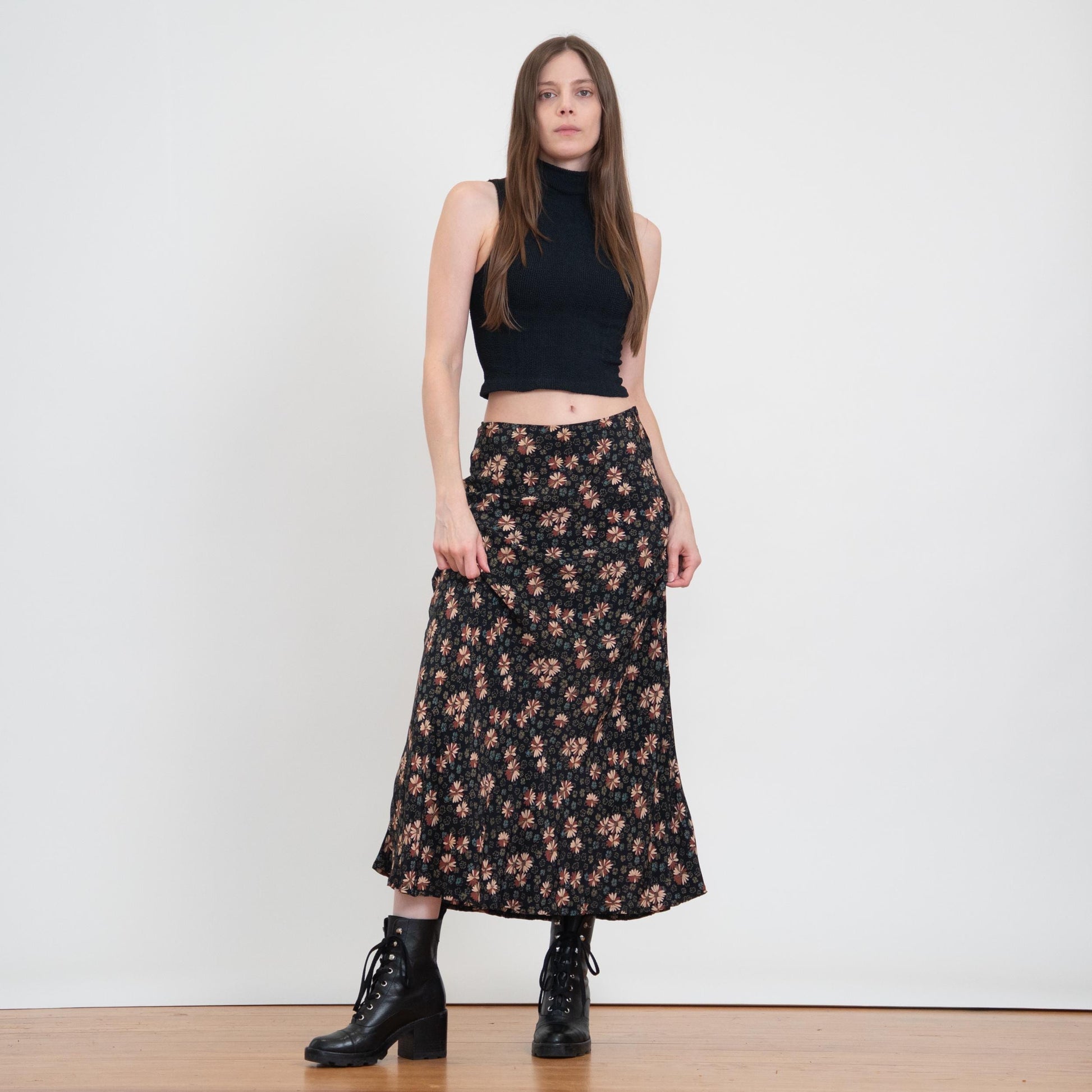 Vintage 90s Black Floral Mid Rise Maxi Skirt - Small | Boho Bias Cut Long Summer Skirt