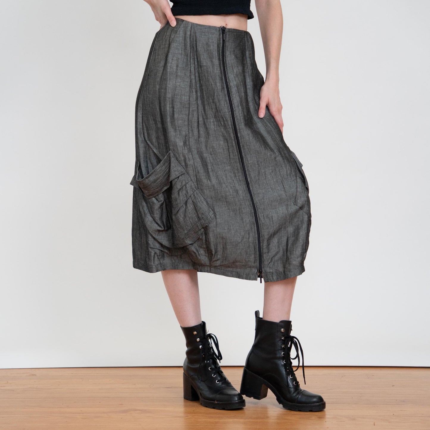 Vintage Y2K Silver Zip Front Bustle Skirt - Extra Small | Whimsigoth 2000s Low Rise Cargo Pocket Midi Skirt
