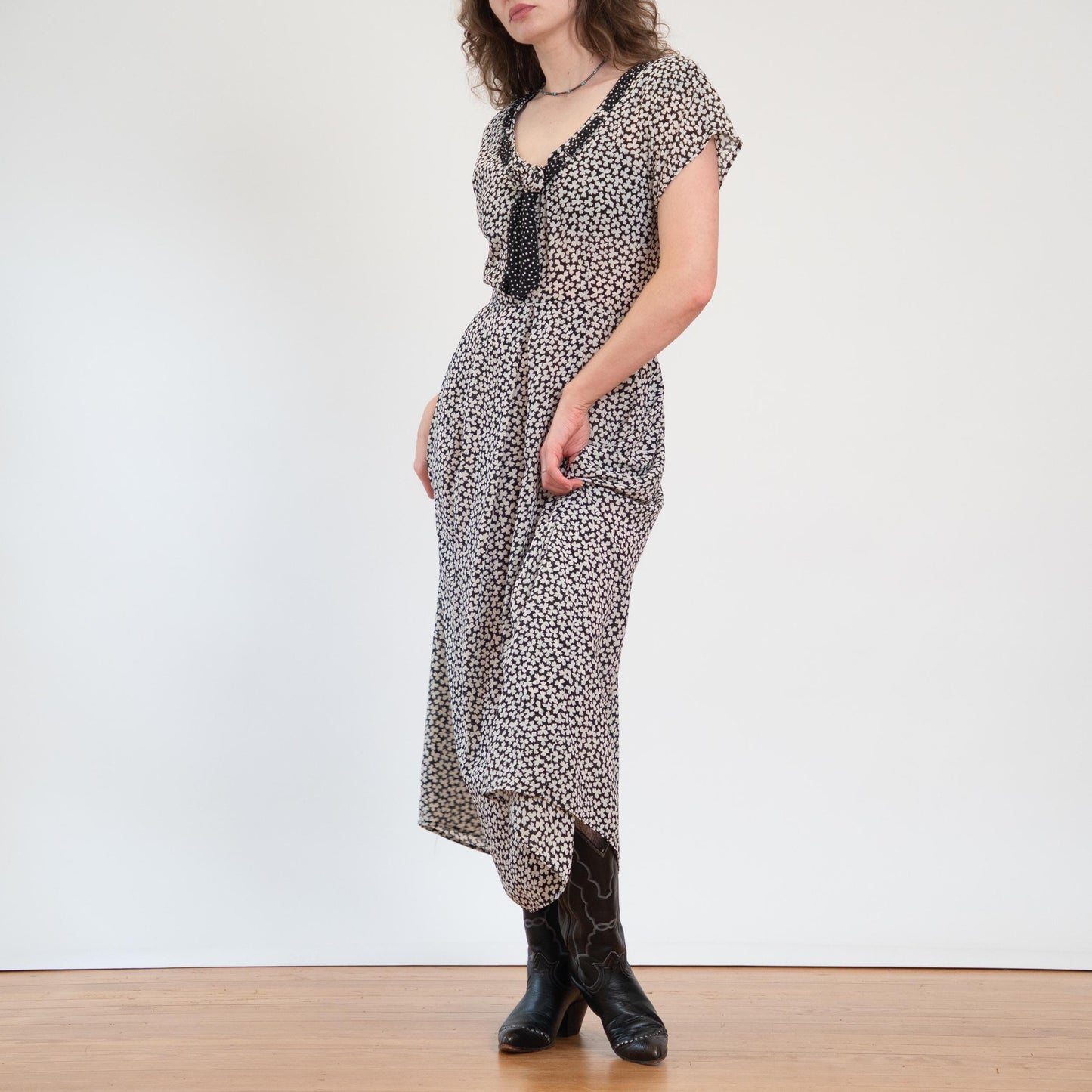 Vintage 90s Does 30s Sheer Black & White Clover Print Maxi Dress - Large | Boho Grunge Neck Tie Sundress