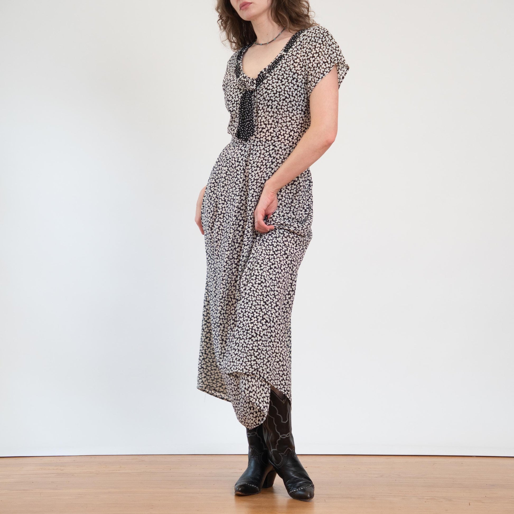 Vintage 90s Does 30s Sheer Black & White Clover Print Maxi Dress - Large | Boho Grunge Neck Tie Sundress
