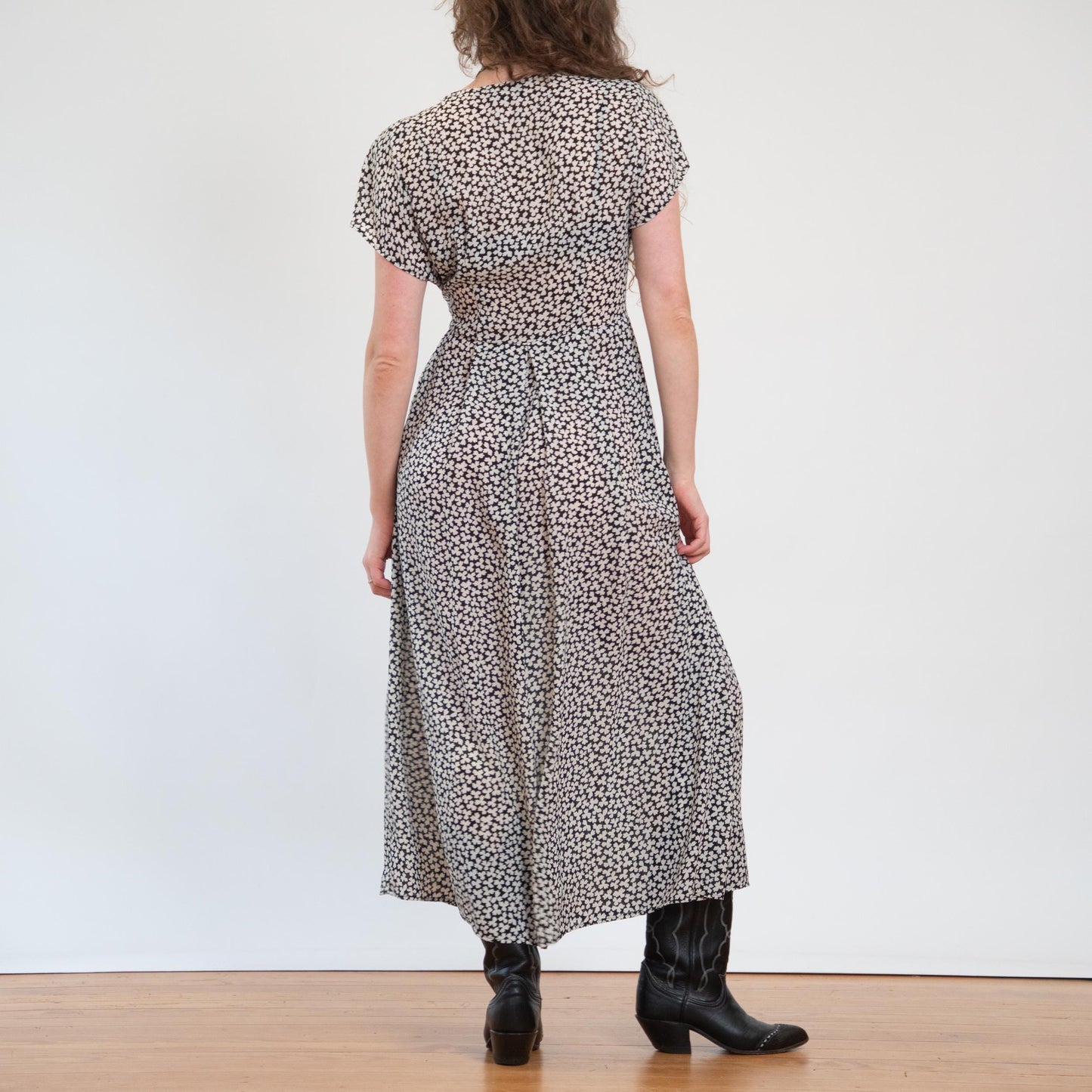 Vintage 90s Does 30s Sheer Black & White Clover Print Maxi Dress - Large | Boho Grunge Neck Tie Sundress
