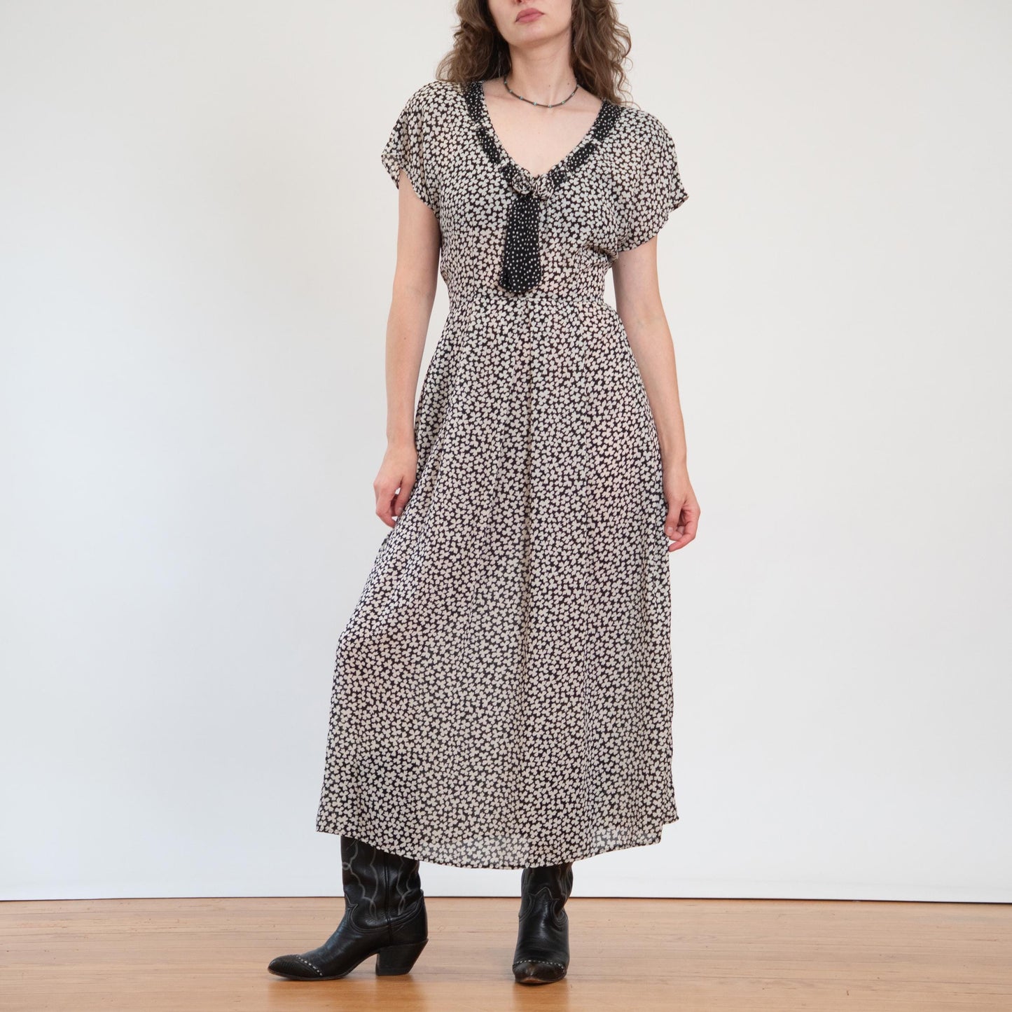 Vintage 90s Does 30s Sheer Black & White Clover Print Maxi Dress - Large | Boho Grunge Neck Tie Sundress