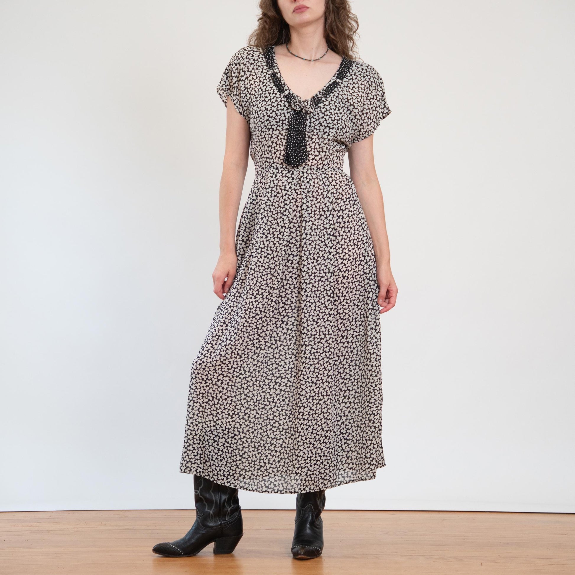 Vintage 90s Does 30s Sheer Black & White Clover Print Maxi Dress - Large | Boho Grunge Neck Tie Sundress