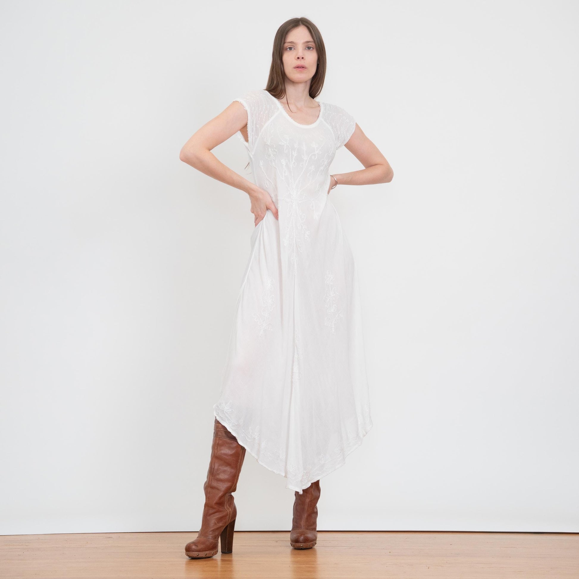 Vintage 90s Boho Sheer White Embroidered Maxi Dress - One Size | Gauzy Cotton Bias Cut High-Low Sundress
