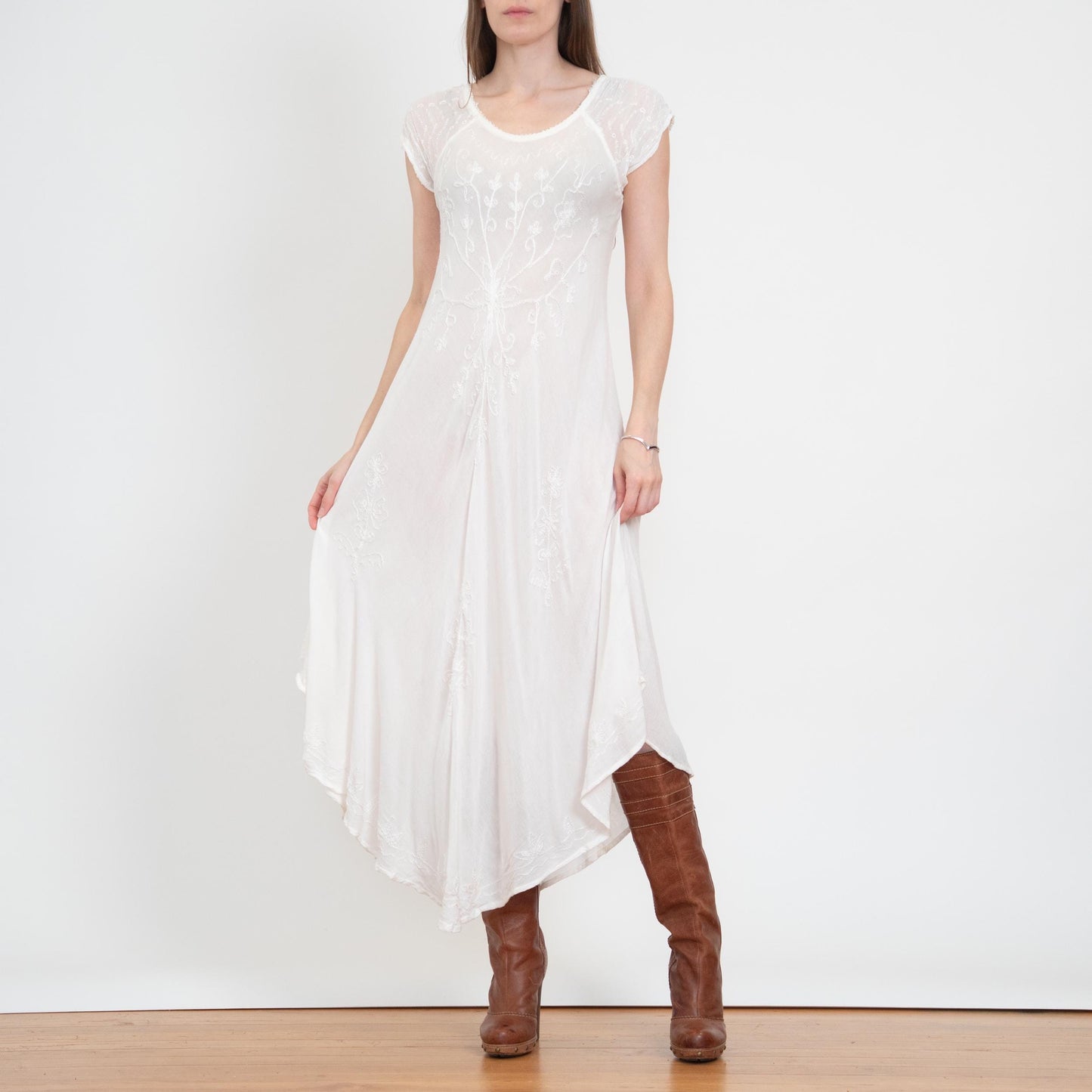 Vintage 90s Boho Sheer White Embroidered Maxi Dress - One Size | Gauzy Cotton Bias Cut High-Low Sundress