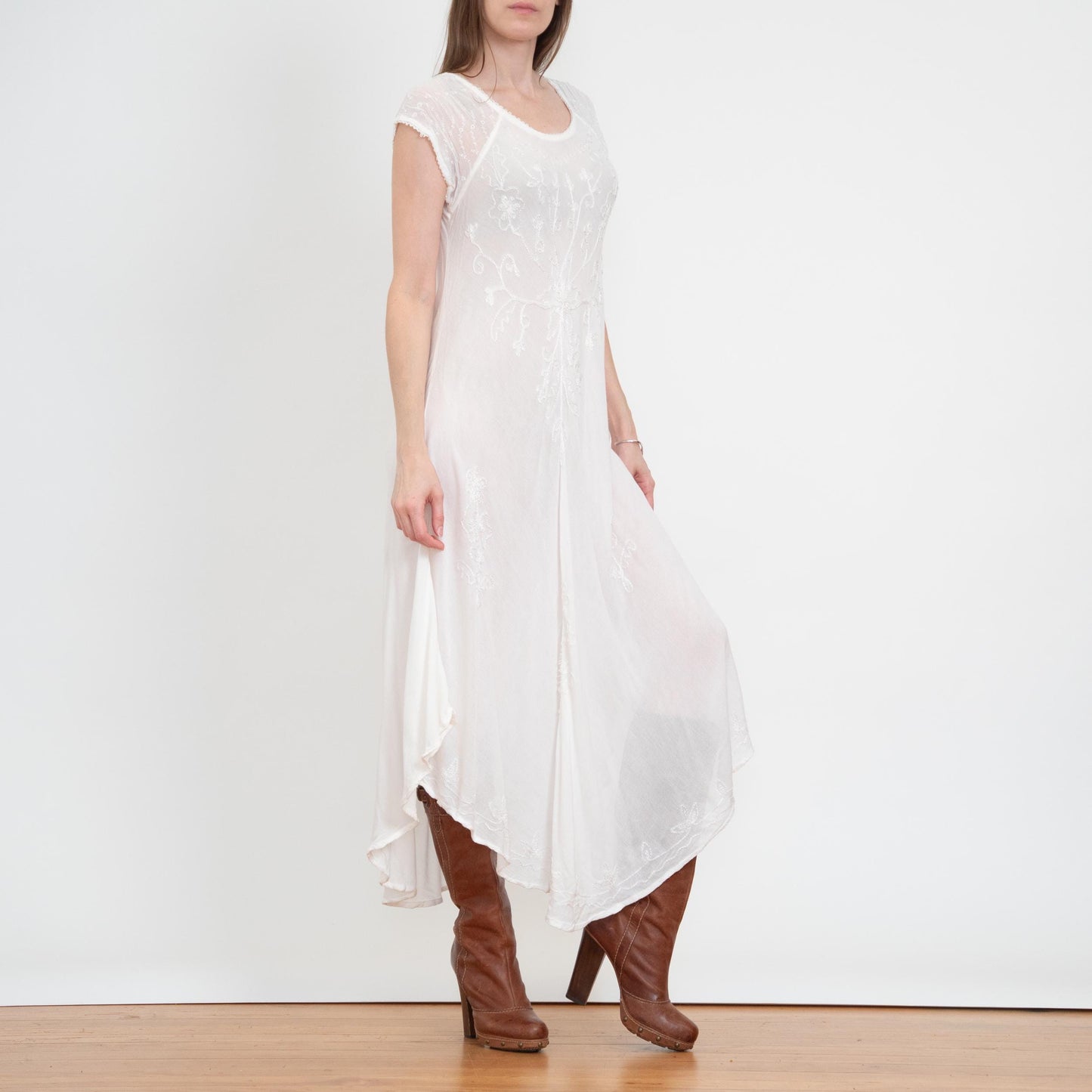 Vintage 90s Boho Sheer White Embroidered Maxi Dress - One Size | Gauzy Cotton Bias Cut High-Low Sundress