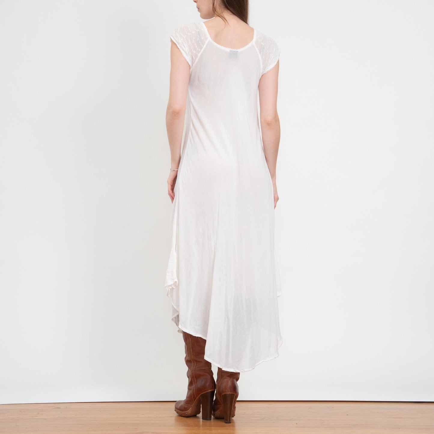 Vintage 90s Boho Sheer White Embroidered Maxi Dress - One Size | Gauzy Cotton Bias Cut High-Low Sundress