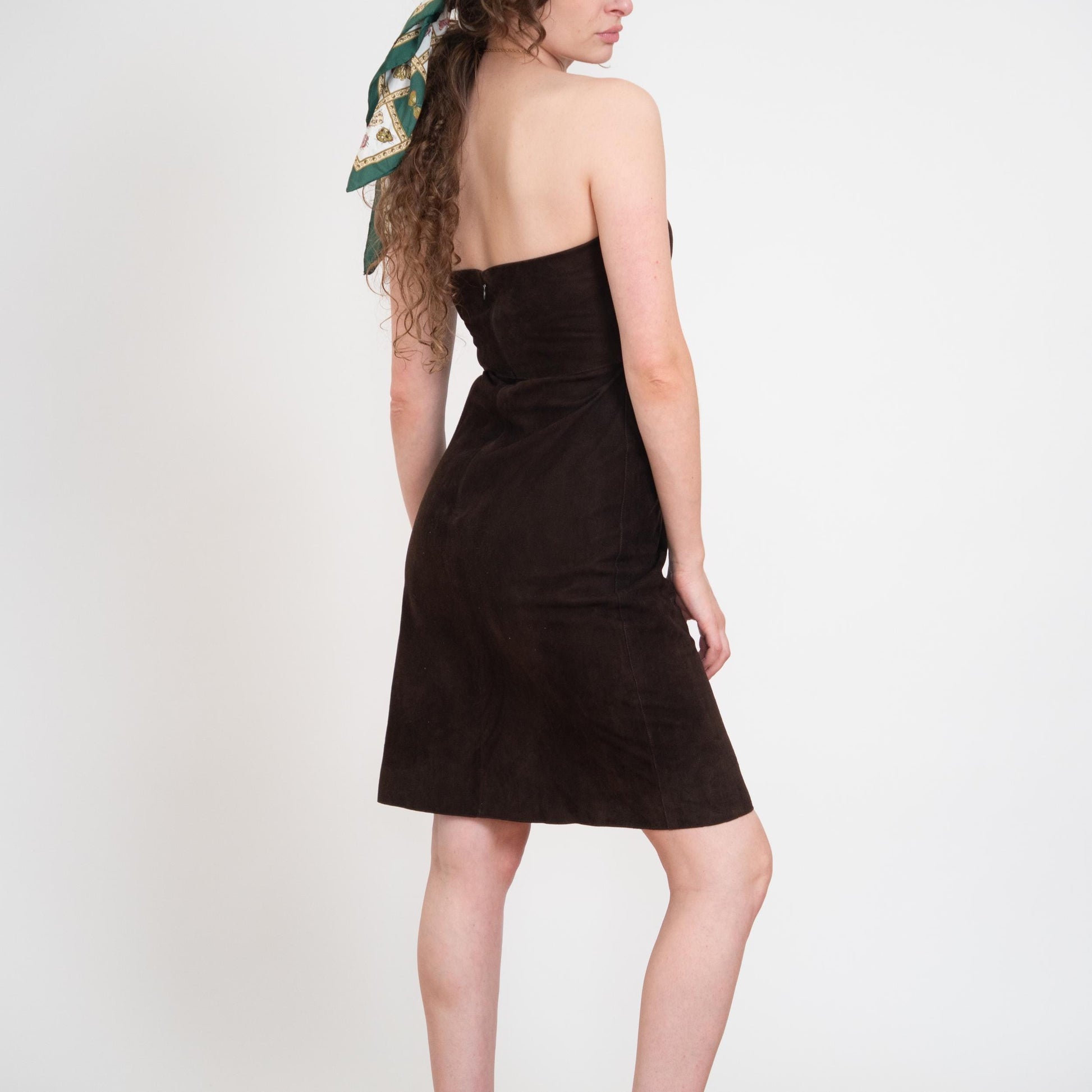 Vintage Y2K Elie Tahari Brown Suede Strapless Mini Dress - Size 6 | Espresso Leather Party Dress