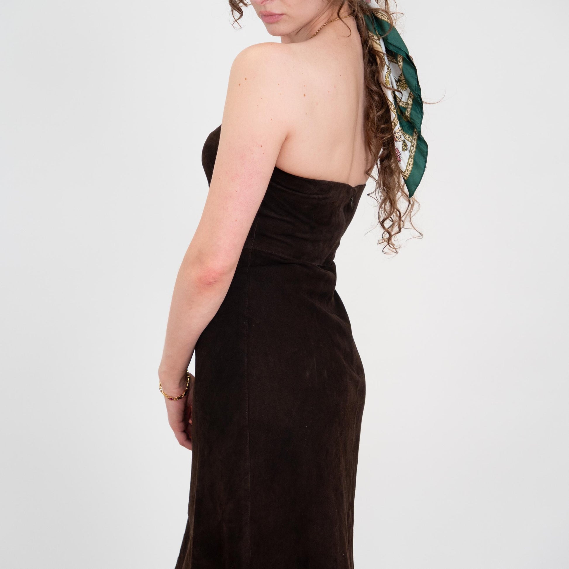 Vintage Y2K Elie Tahari Brown Suede Strapless Mini Dress - Size 6 | Espresso Leather Party Dress