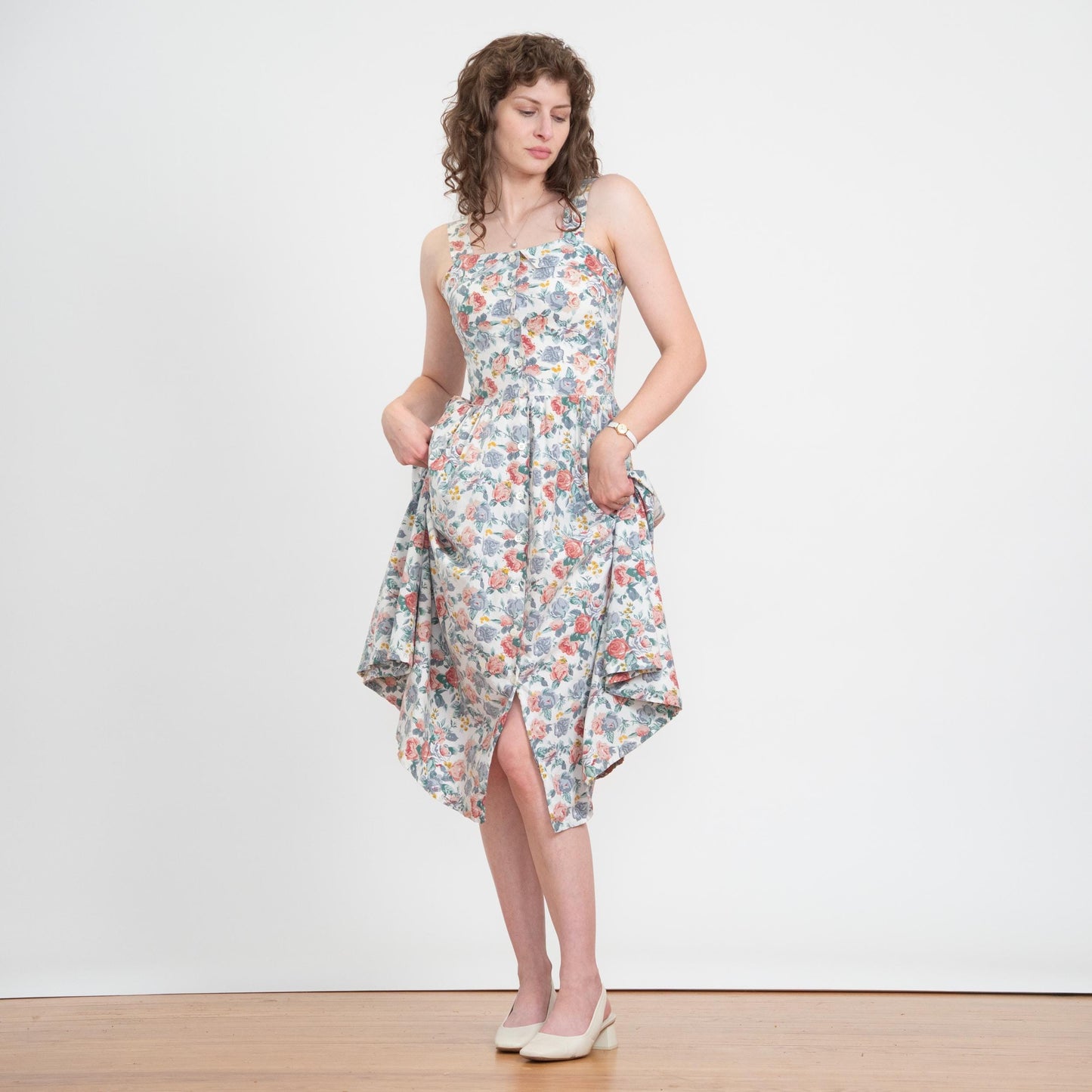 Vintage 80s Floral Cotton Fit & Flare Sundress - Small | Boho White Button Front Summer Midi Dress