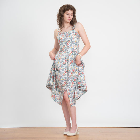 Vintage 80s Floral Cotton Fit & Flare Sundress - Small | Boho White Button Front Summer Midi Dress