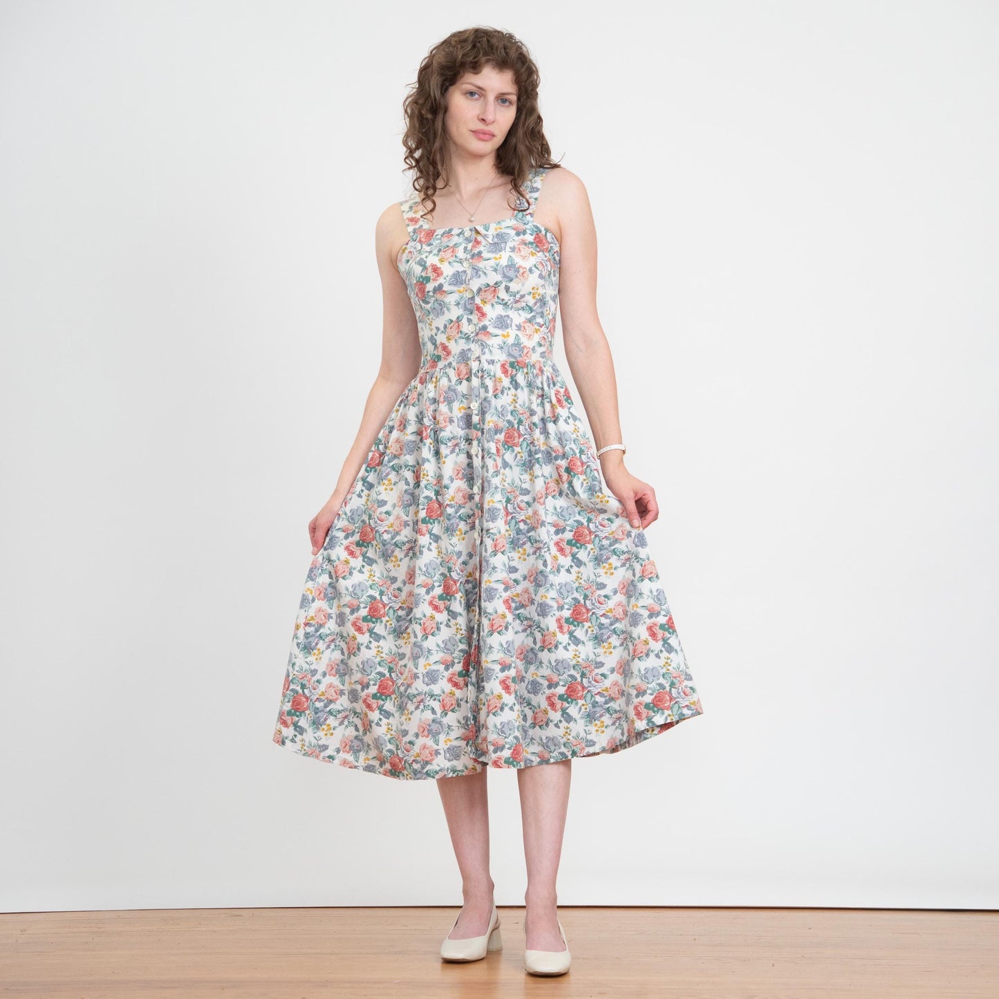 Vintage 80s Floral Cotton Fit & Flare Sundress - Small | Boho White Button Front Summer Midi Dress