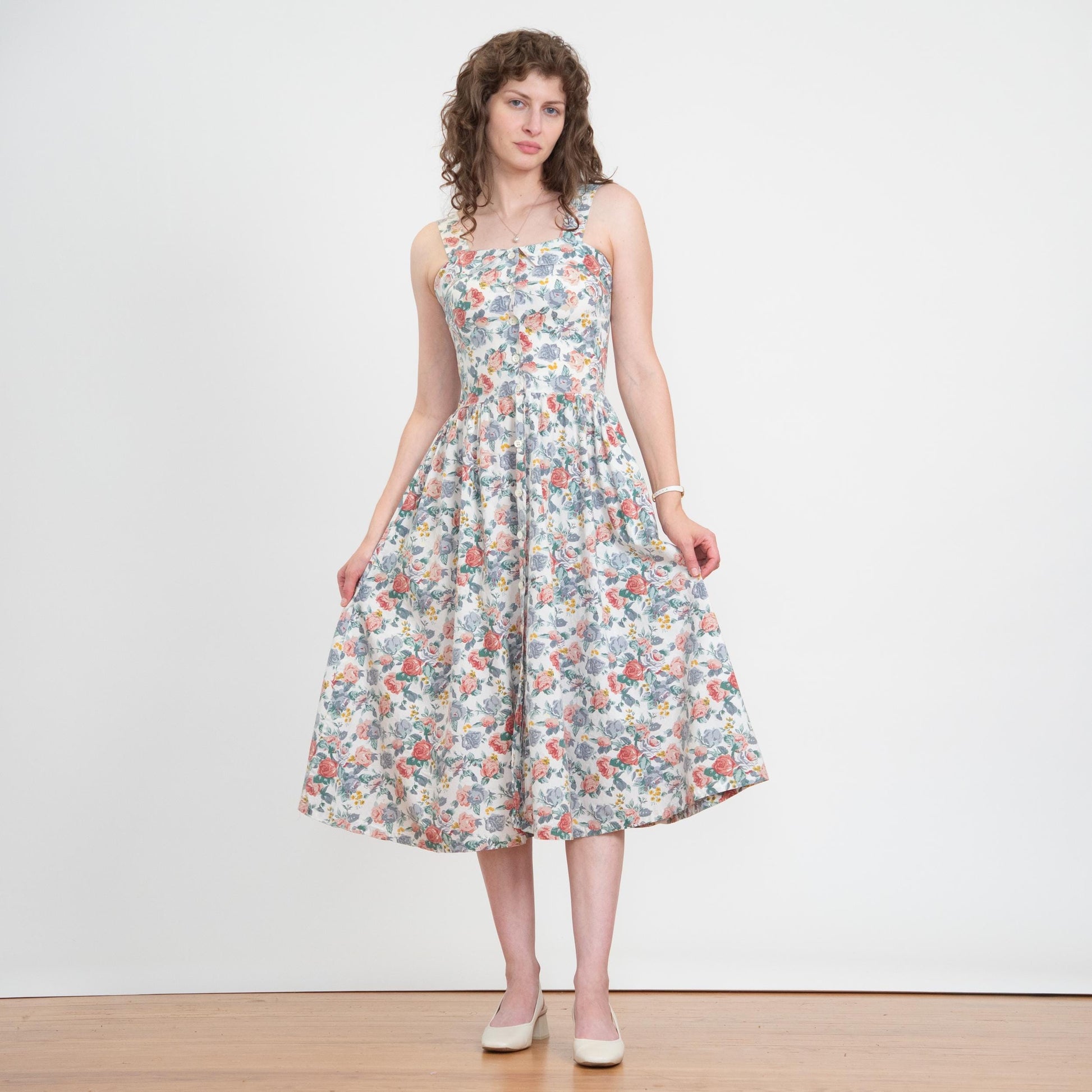 Vintage 80s Floral Cotton Fit & Flare Sundress - Small | Boho White Button Front Summer Midi Dress