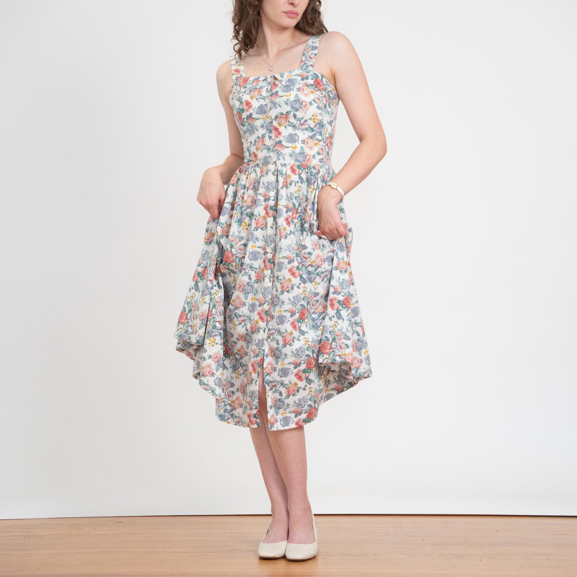 Vintage 80s Floral Cotton Fit & Flare Sundress - Small | Boho White Button Front Summer Midi Dress