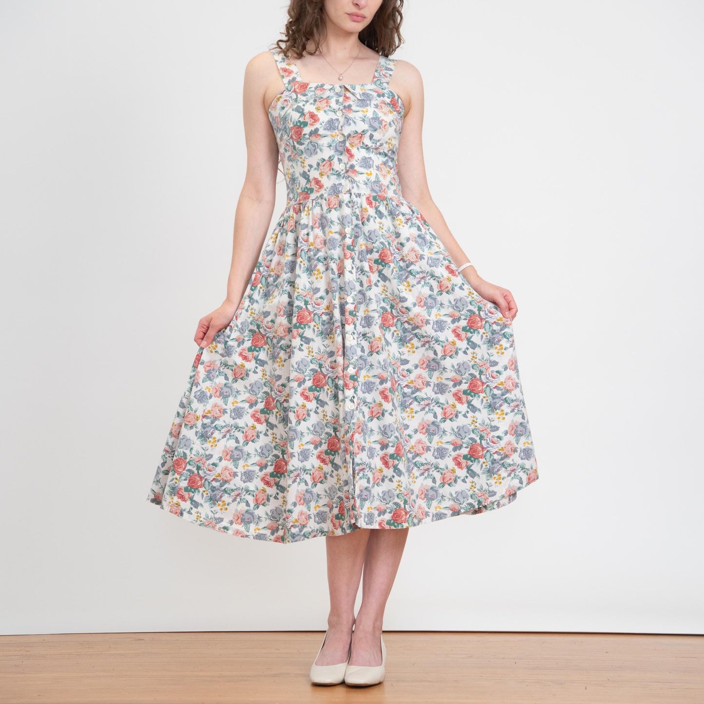 Vintage 80s Floral Cotton Fit & Flare Sundress - Small | Boho White Button Front Summer Midi Dress