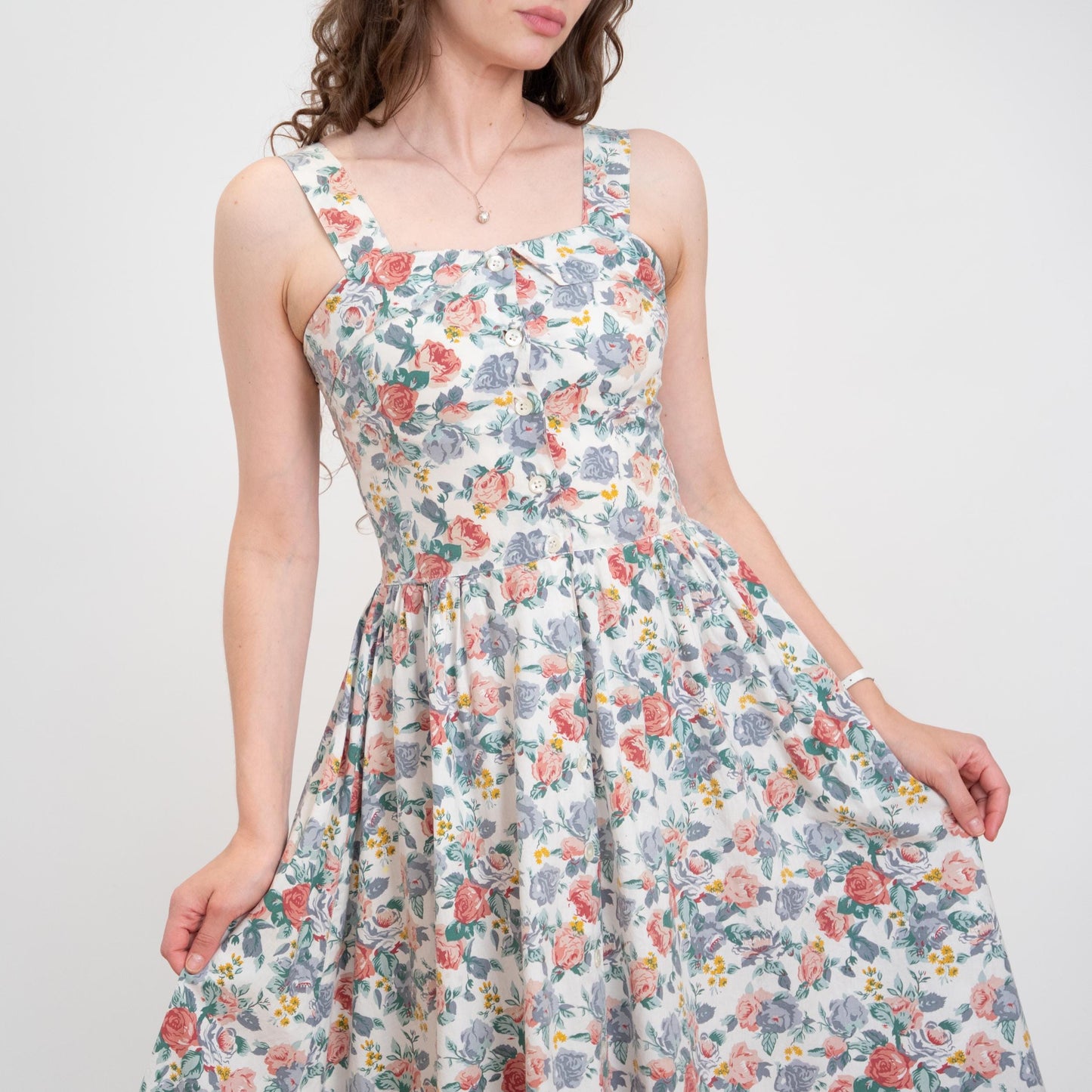 Vintage 80s Floral Cotton Fit & Flare Sundress - Small | Boho White Button Front Summer Midi Dress
