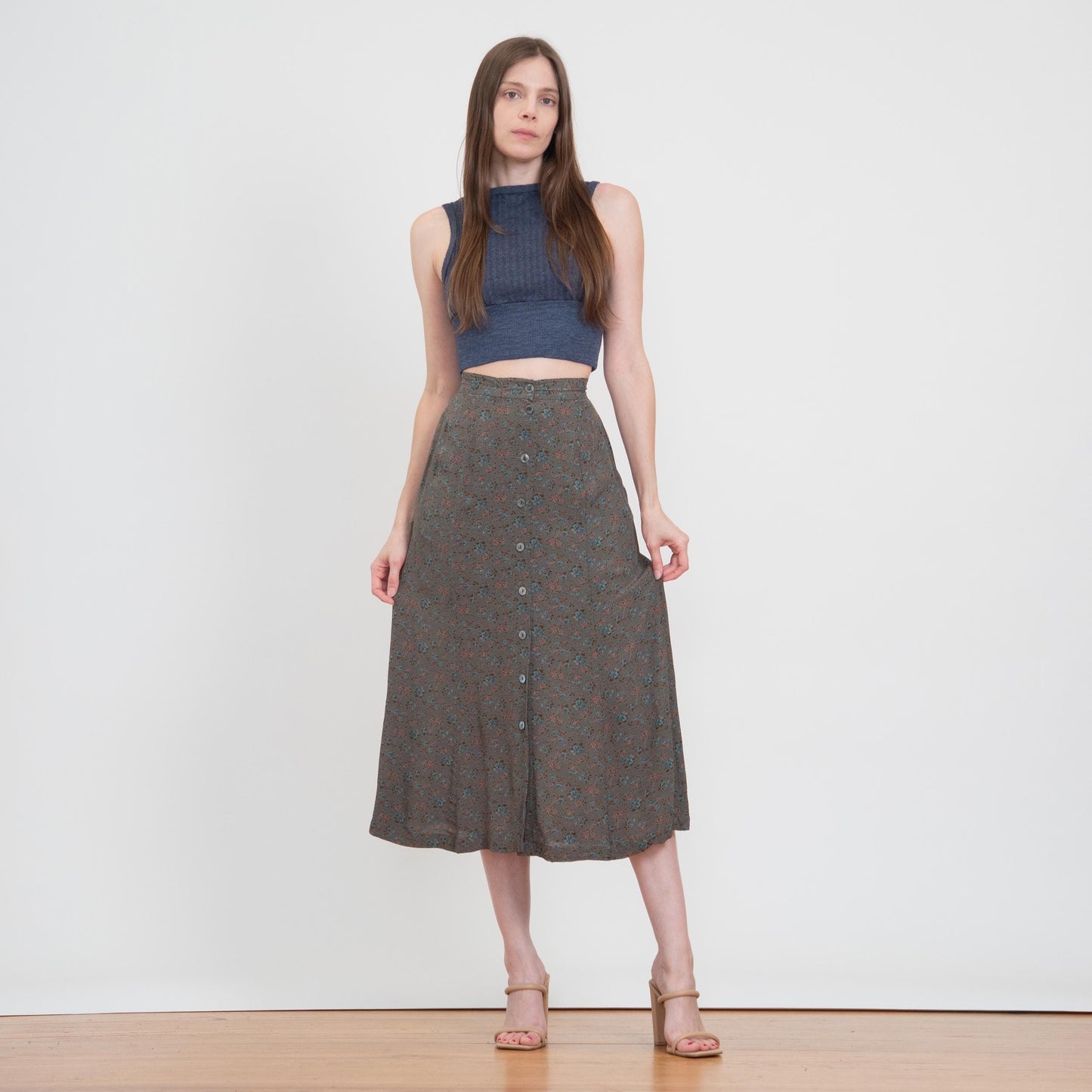 Vintage 90s Dark Green Floral Midi Skirt - Extra Small, 23" Waist | Boho High Waisted Button Front Skirt