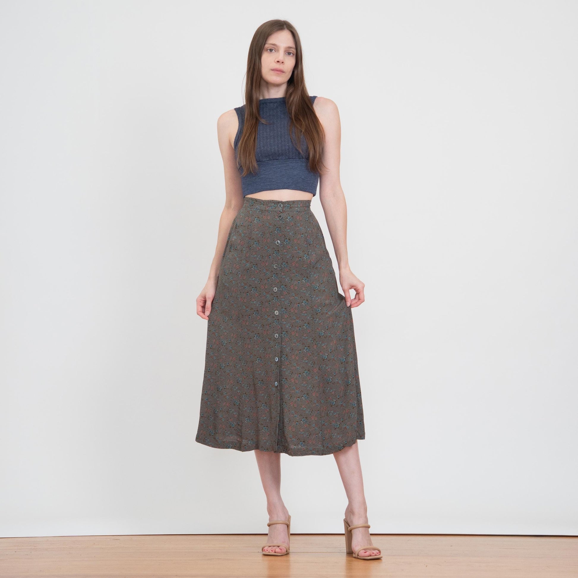 Vintage 90s Dark Green Floral Midi Skirt - Extra Small, 23" Waist | Boho High Waisted Button Front Skirt