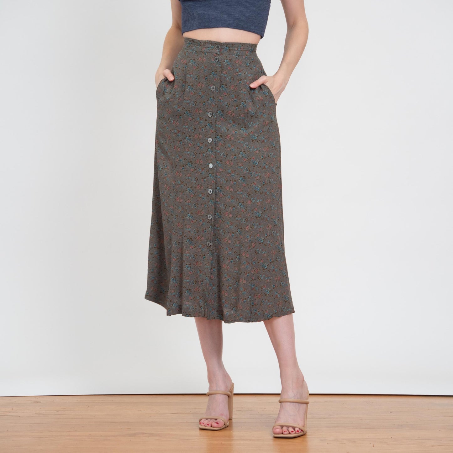 Vintage 90s Dark Green Floral Midi Skirt - Extra Small, 23" Waist | Boho High Waisted Button Front Skirt