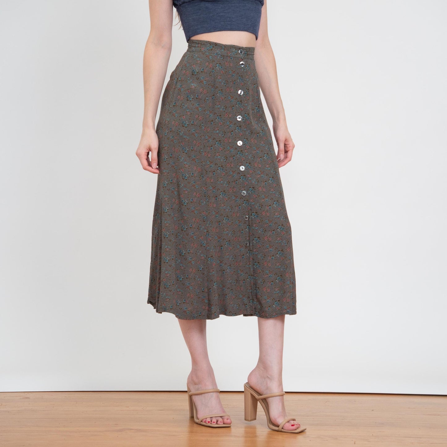 Vintage 90s Dark Green Floral Midi Skirt - Extra Small, 23" Waist | Boho High Waisted Button Front Skirt