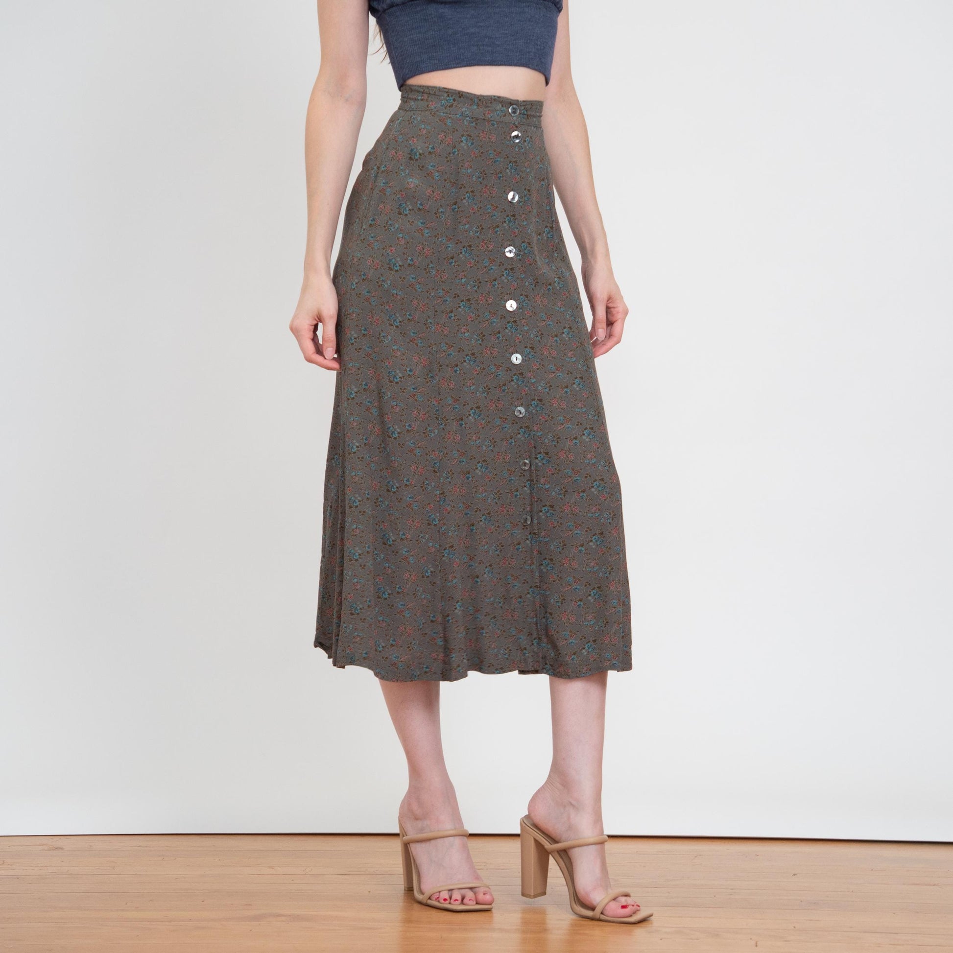 Vintage 90s Dark Green Floral Midi Skirt - Extra Small, 23" Waist | Boho High Waisted Button Front Skirt