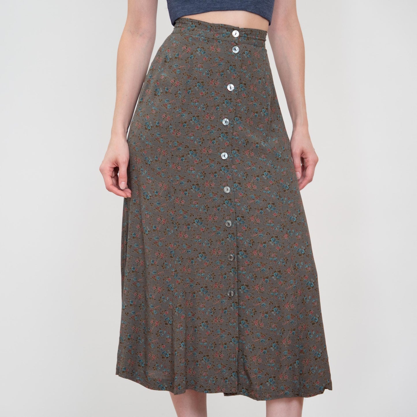 Vintage 90s Dark Green Floral Midi Skirt - Extra Small, 23" Waist | Boho High Waisted Button Front Skirt