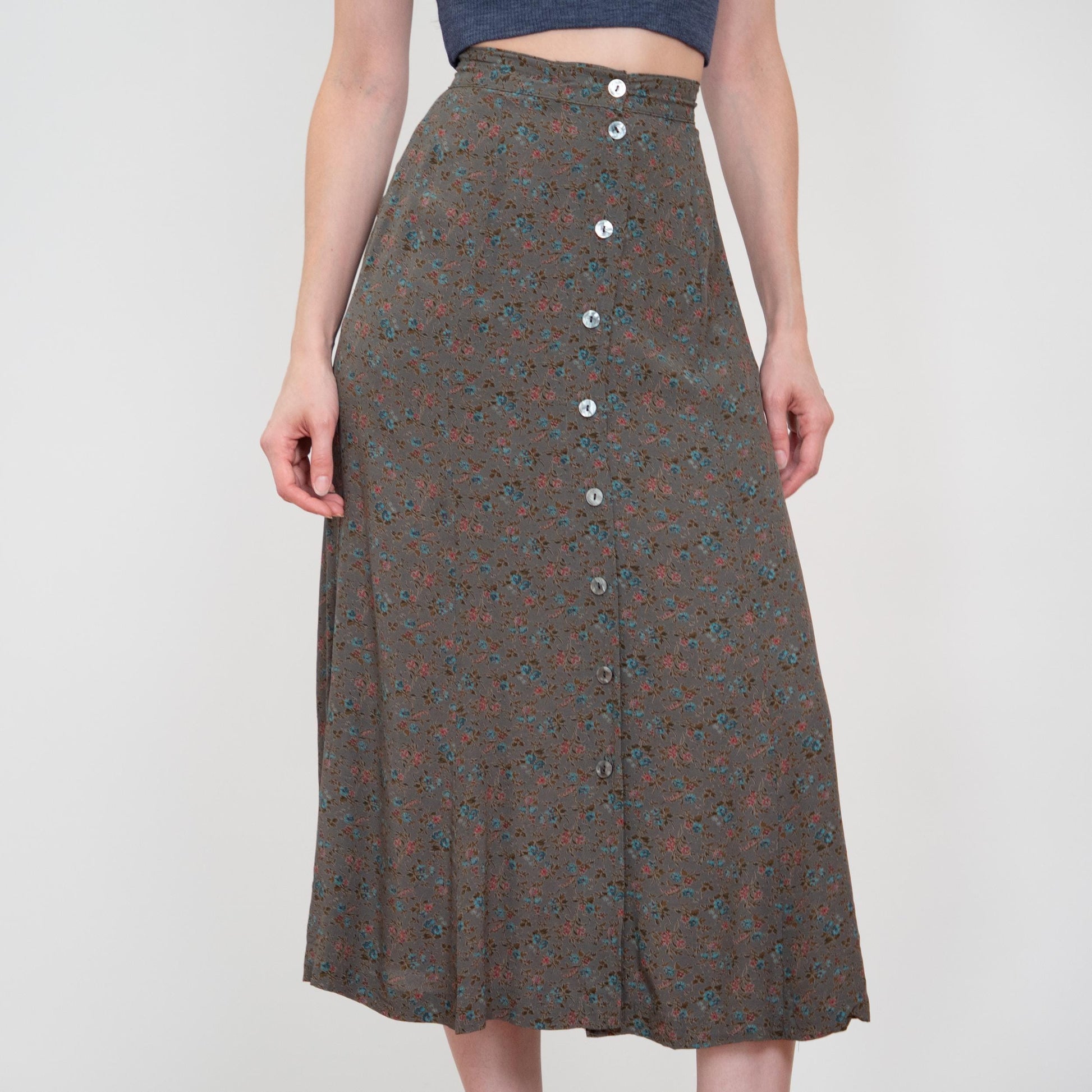 Vintage 90s Dark Green Floral Midi Skirt - Extra Small, 23" Waist | Boho High Waisted Button Front Skirt