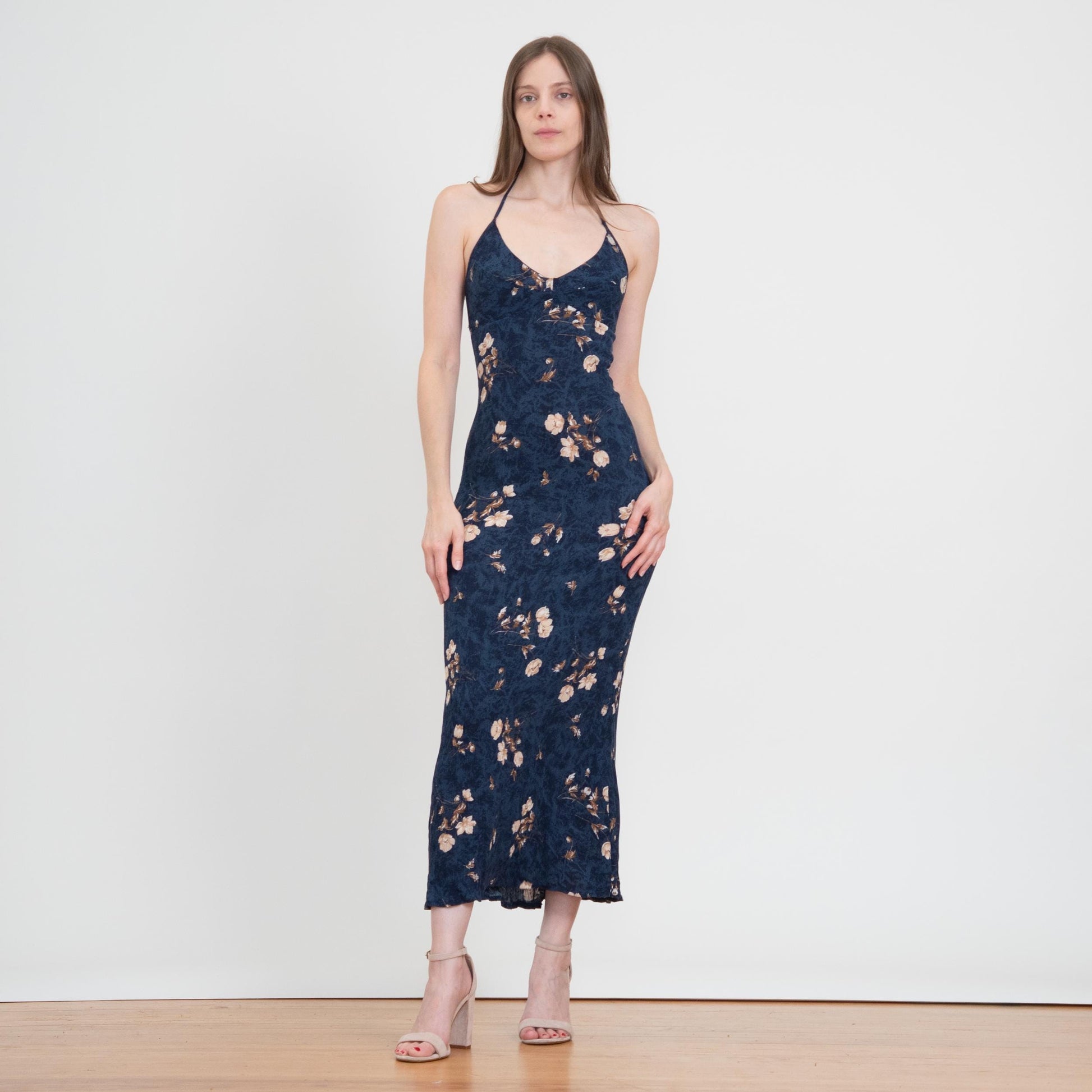 Vintage 90s Blue Floral Halter Maxi Sundress - Small | Boho Bodycon Summer Party Dress