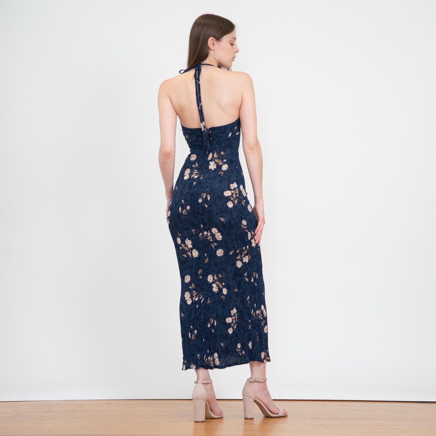 Vintage 90s Blue Floral Halter Maxi Sundress - Small | Boho Bodycon Summer Party Dress