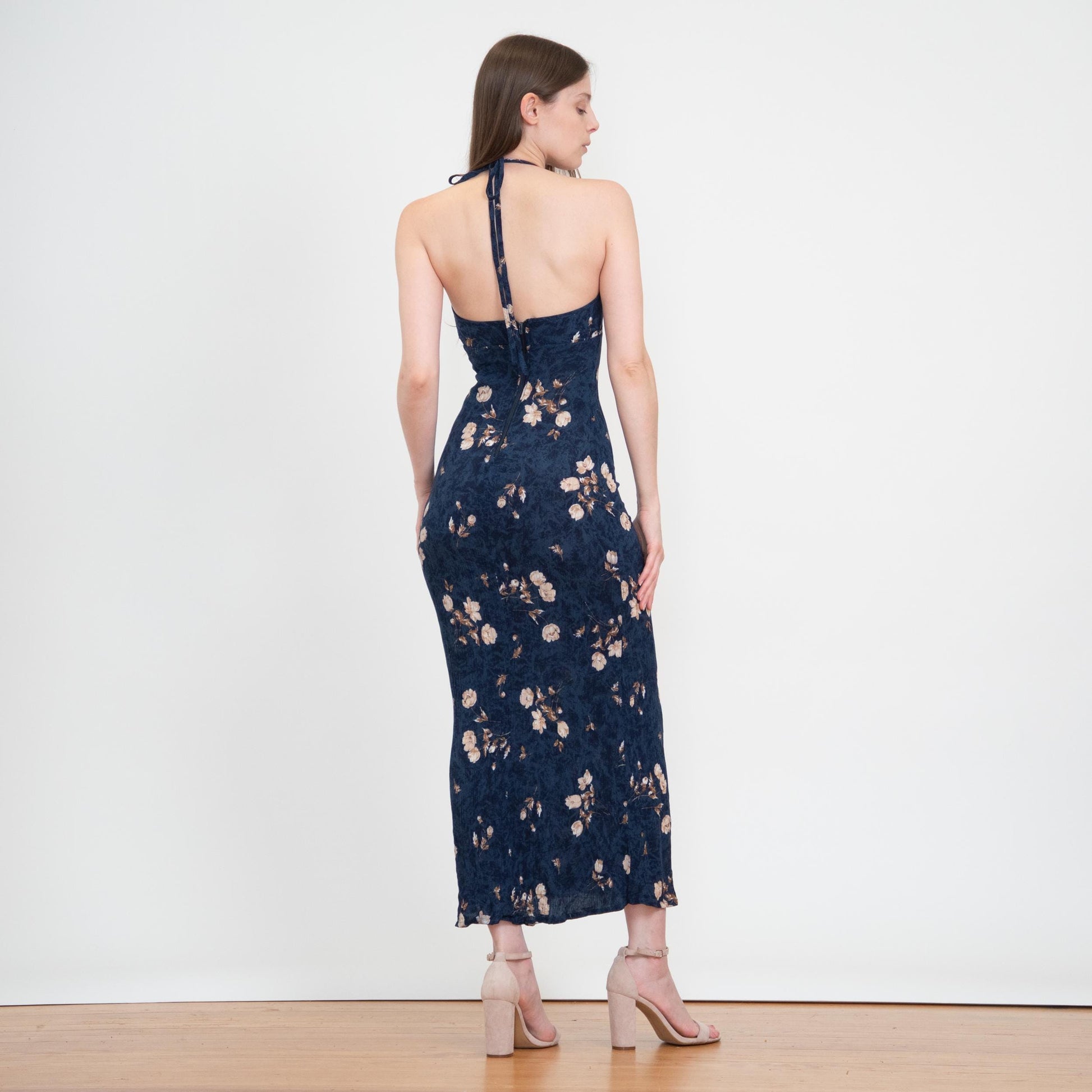 Vintage 90s Blue Floral Halter Maxi Sundress - Small | Boho Bodycon Summer Party Dress