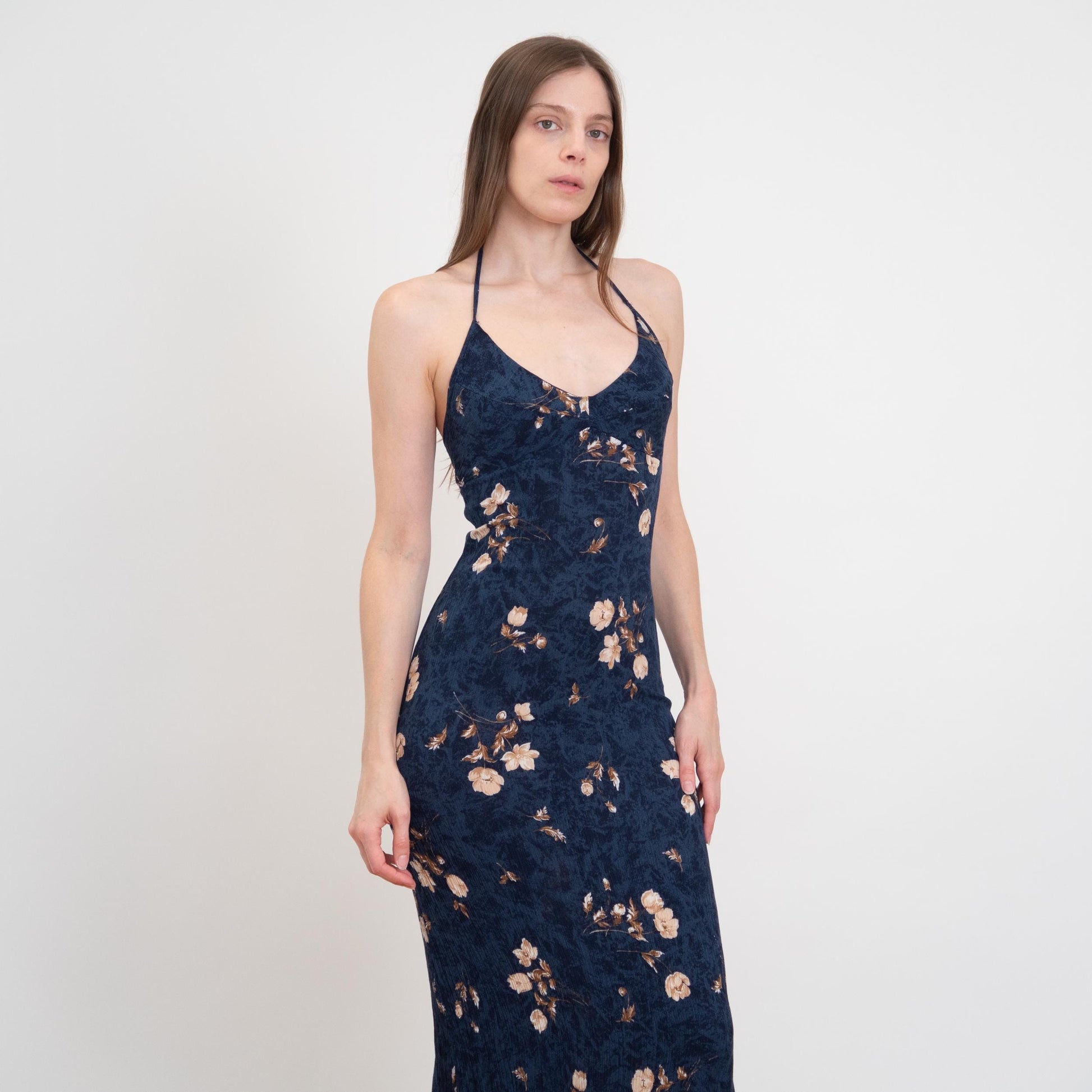 Vintage 90s Blue Floral Halter Maxi Sundress - Small | Boho Bodycon Summer Party Dress