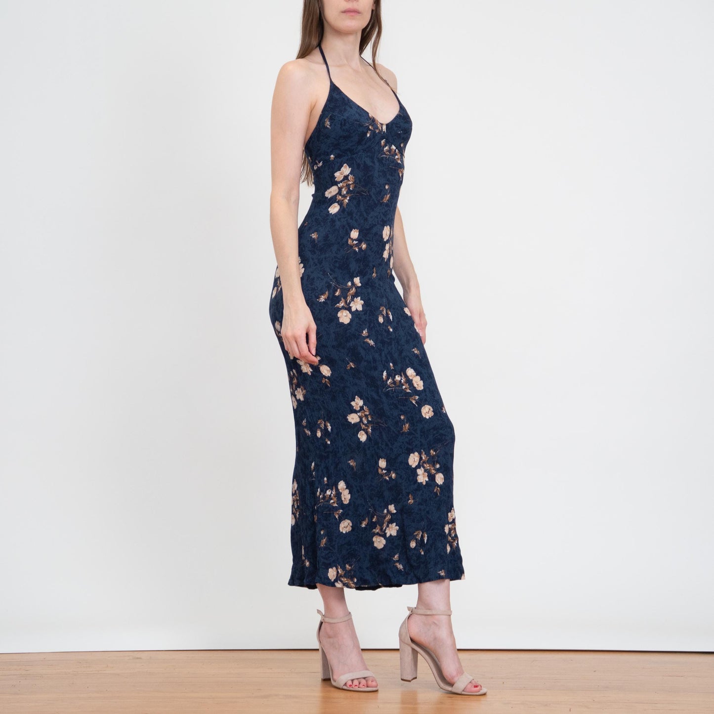 Vintage 90s Blue Floral Halter Maxi Sundress - Small | Boho Bodycon Summer Party Dress