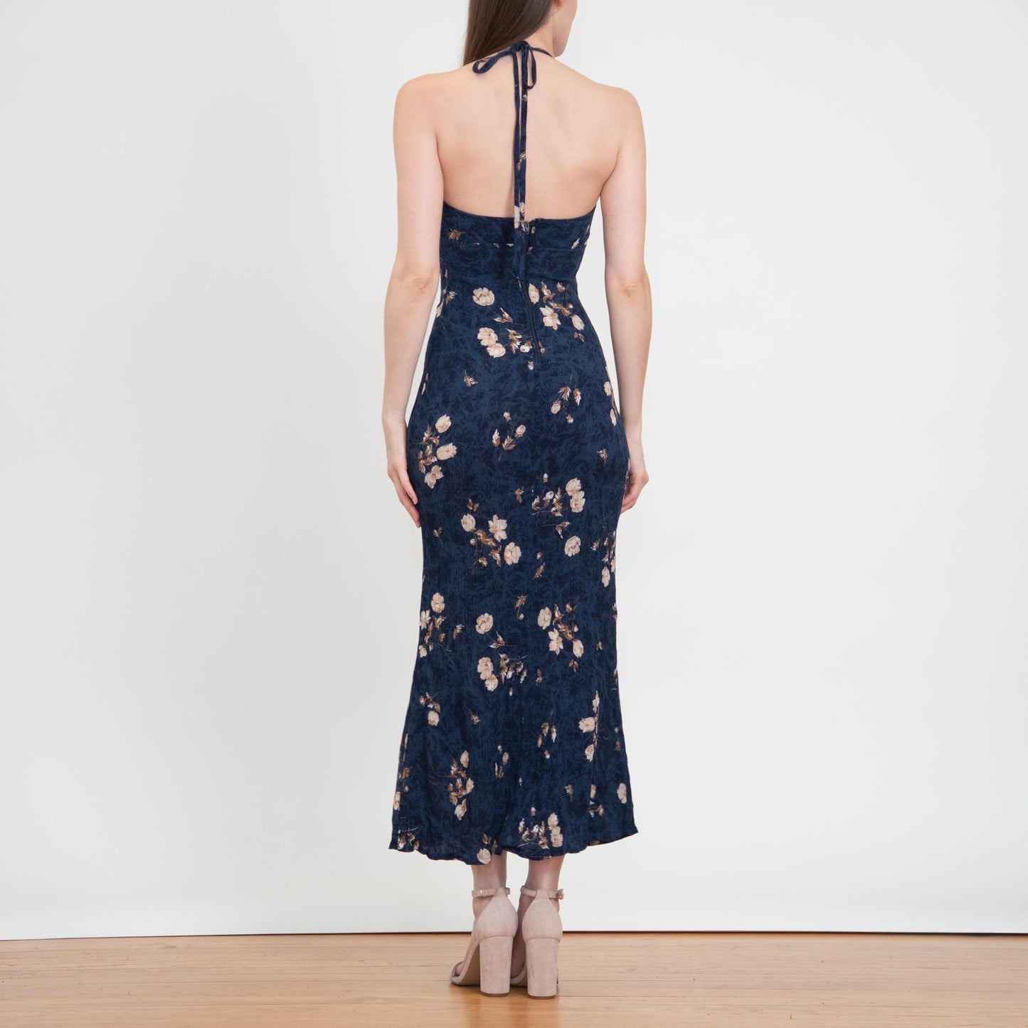 Vintage 90s Blue Floral Halter Maxi Sundress - Small | Boho Bodycon Summer Party Dress