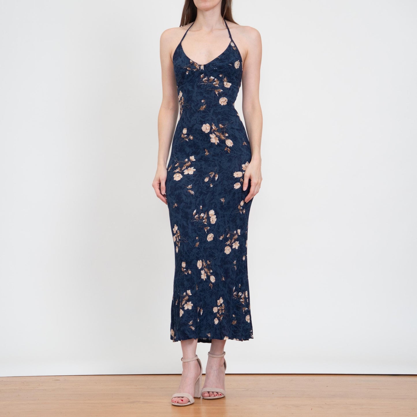 Vintage 90s Blue Floral Halter Maxi Sundress - Small | Boho Bodycon Summer Party Dress