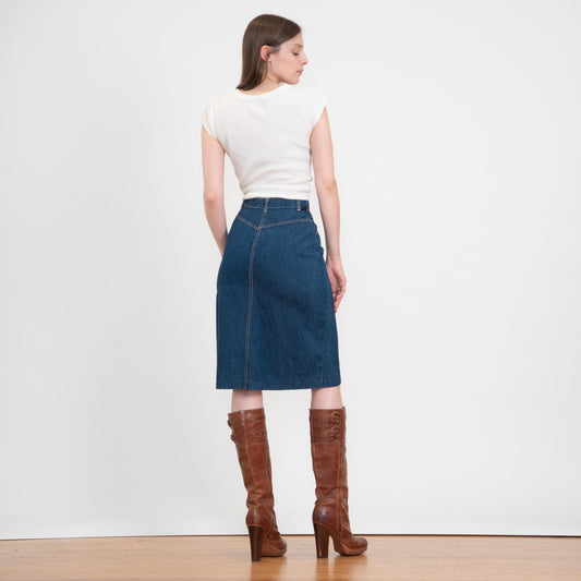 Vintage 70s Western Denim Midi Skirt - Extra Small, 25" Waist | Dark Blue Jean High Waisted Straight Skirt