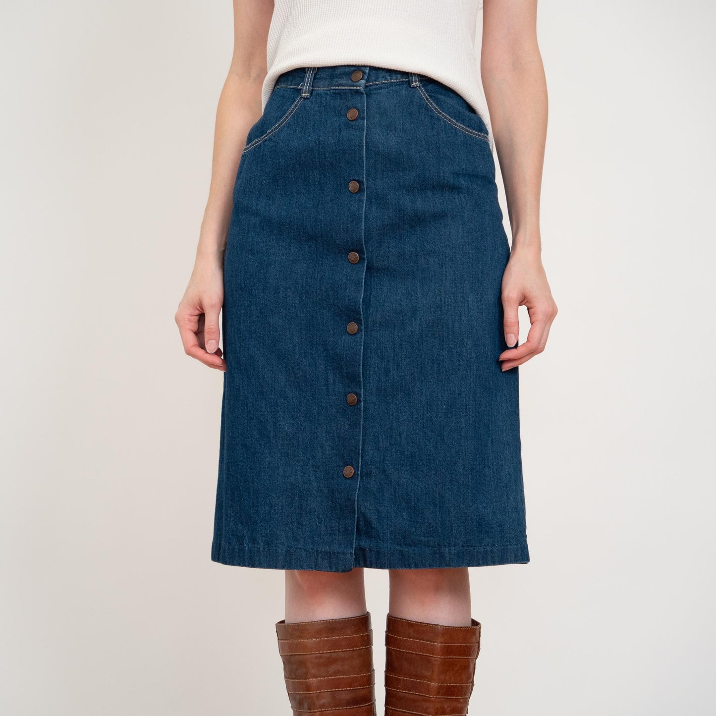 Vintage 70s Western Denim Midi Skirt - Extra Small, 25" Waist | Dark Blue Jean High Waisted Straight Skirt