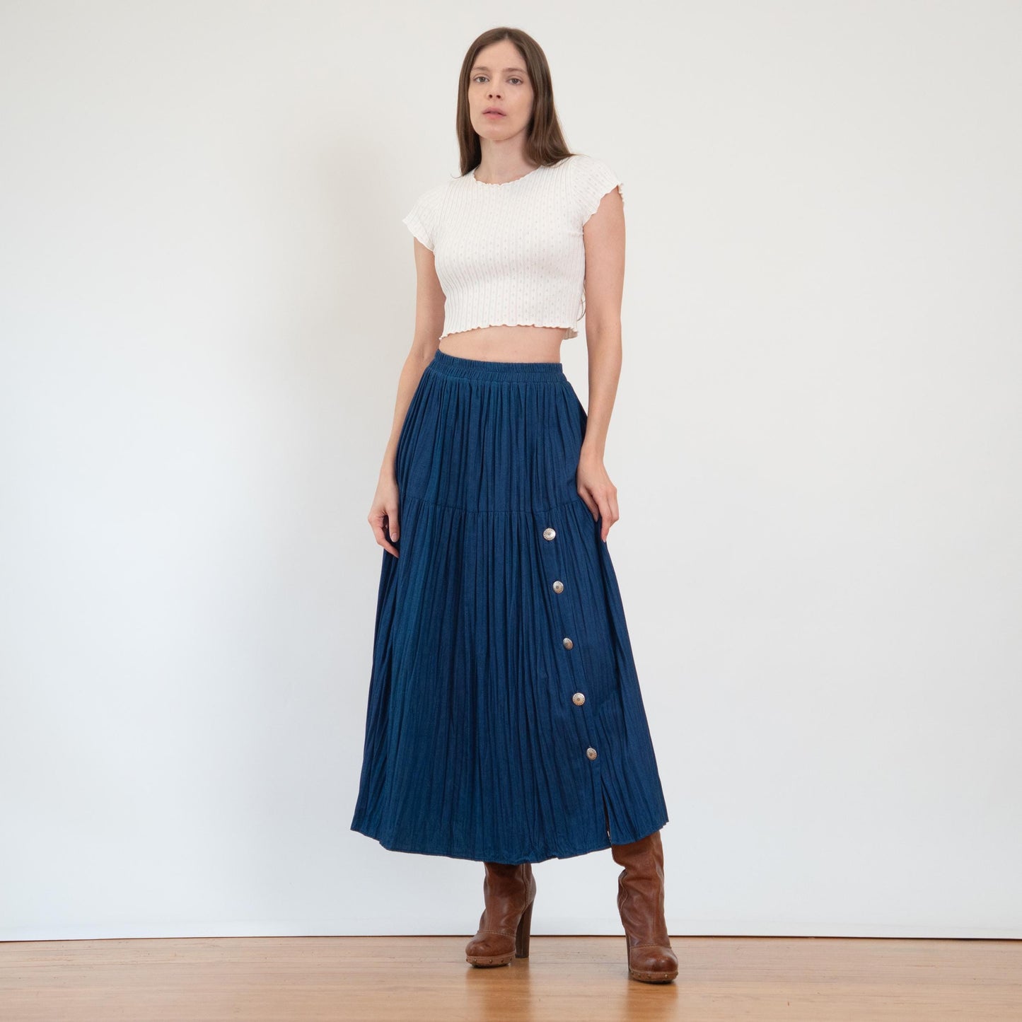 Vintage 80s Western Denim Concho Maxi Skirt - Small to Medium | High Waisted Blue Jean Pleated Long Skirt